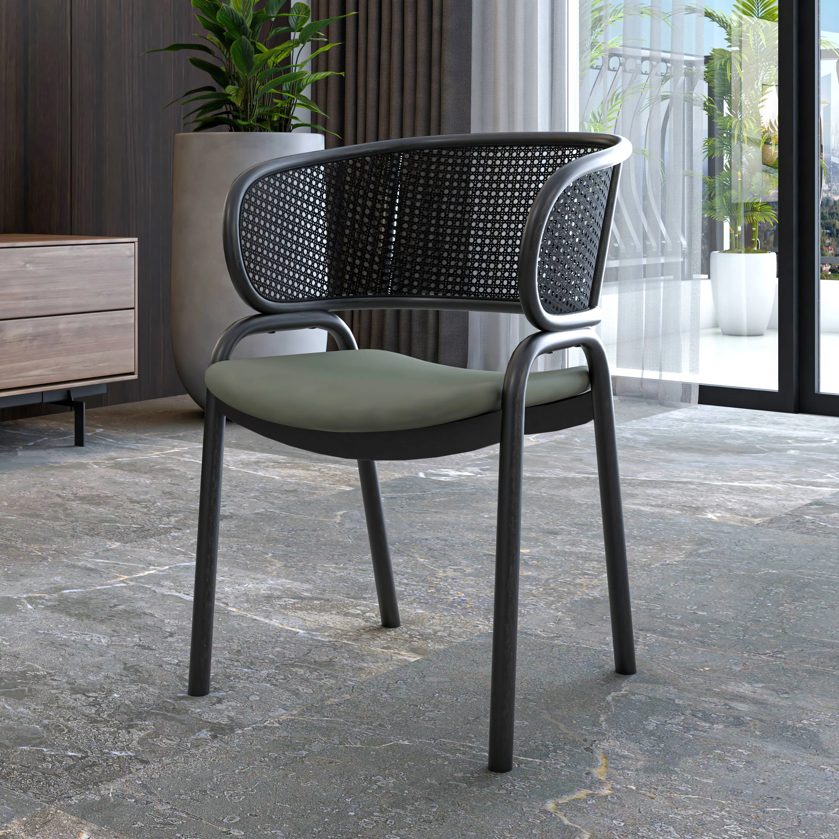 Ervilla Dining Armchair in Black Steel Frame with Black Wicker Back and Grey Seat Set of 2