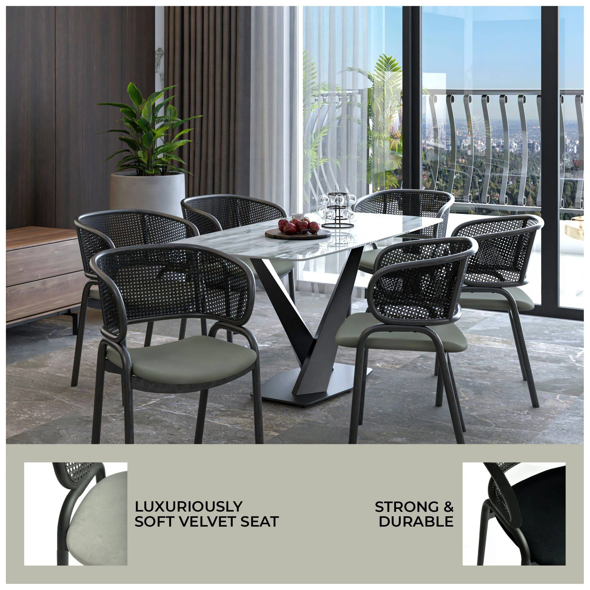 Ervilla Dining Armchair in Black Steel Frame with Black Wicker Back and Grey Seat Set of 4