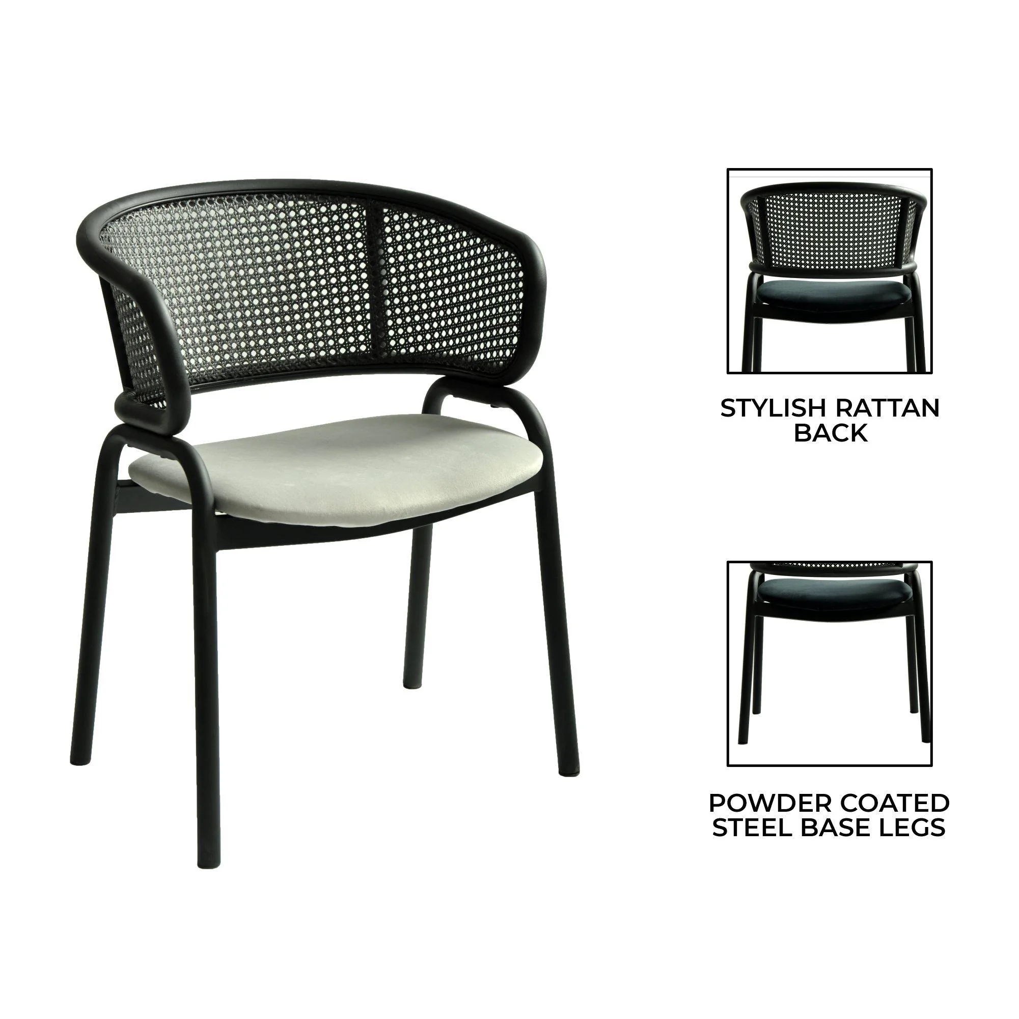 Ervilla Dining Armchair in Black Steel Frame with Black Wicker Back and Grey Seat Set of 4