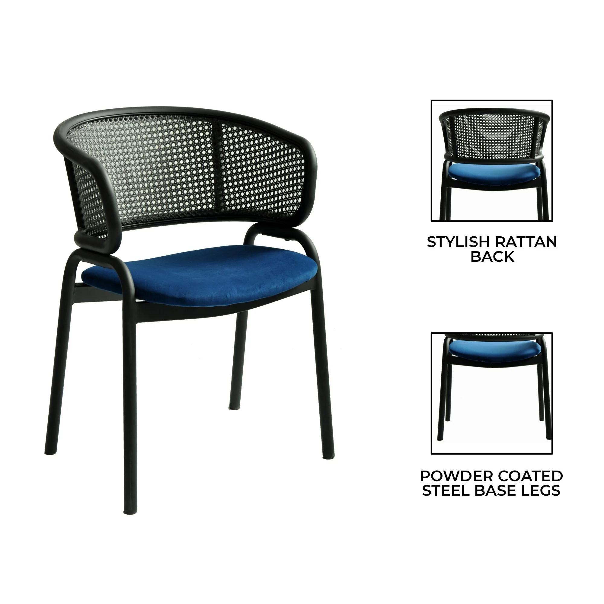 Ervilla Dining Armchair in Black Steel Frame with Black Wicker Back and Navy Blue Seat