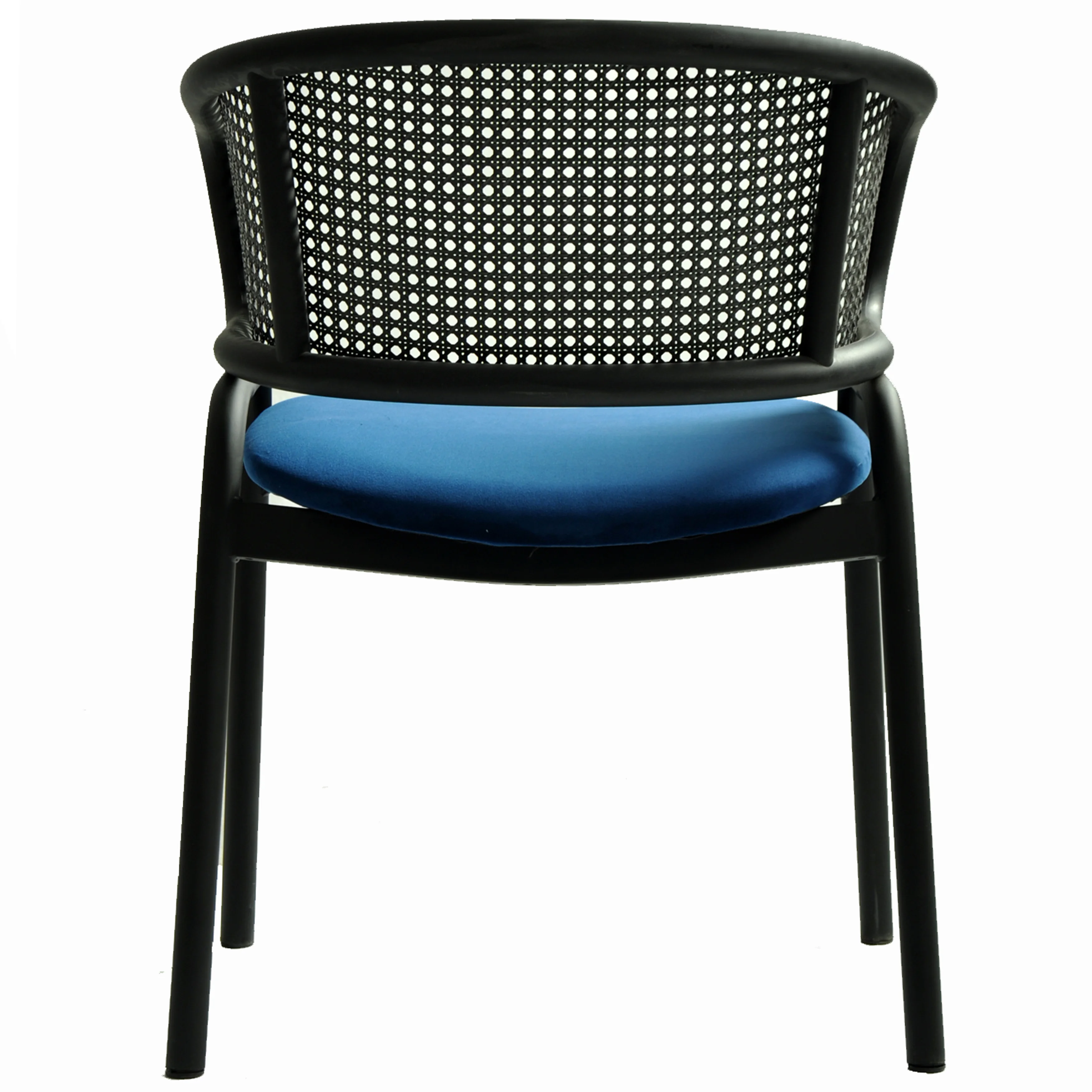 Ervilla Dining Armchair in Black Steel Frame with Black Wicker Back and Navy Blue Seat