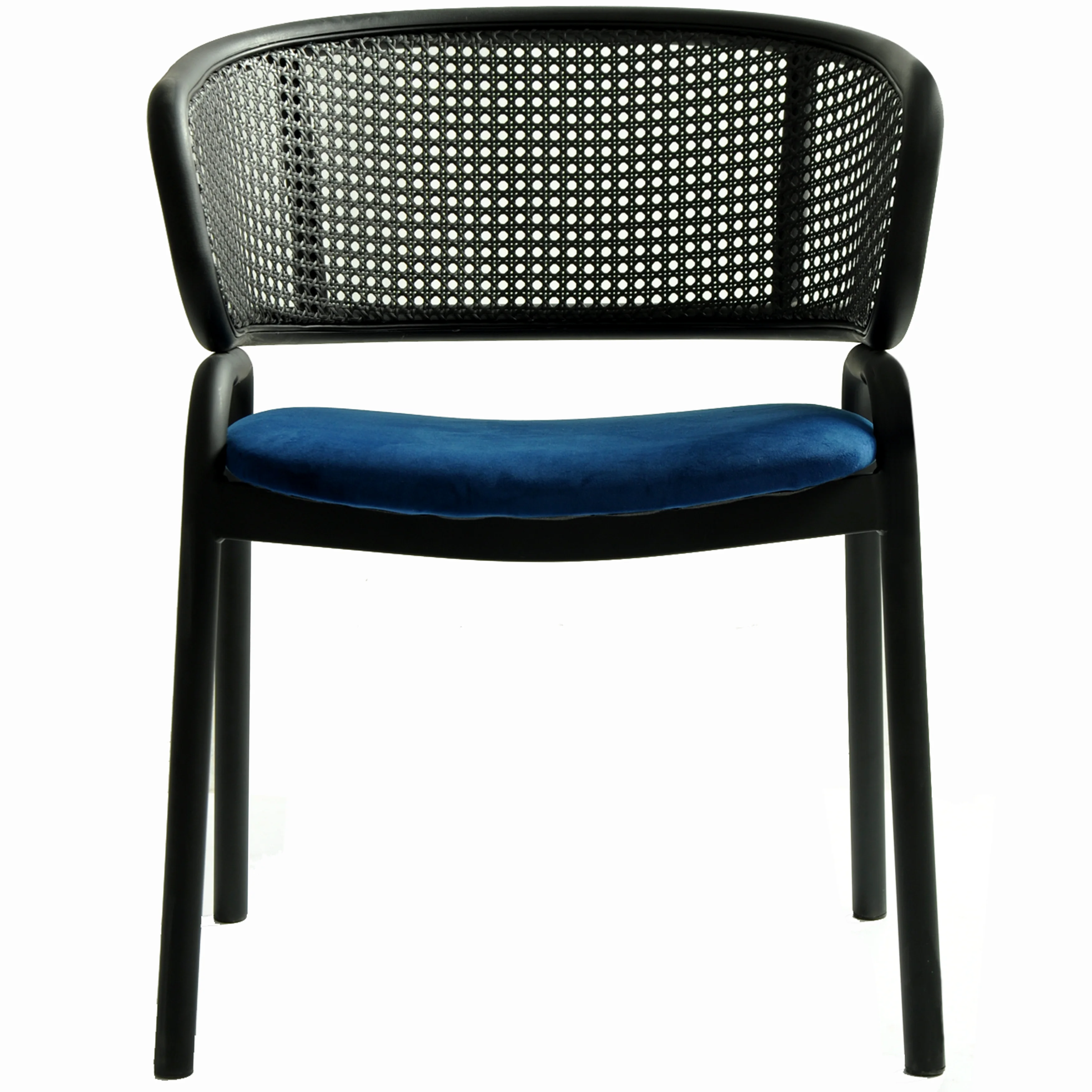 Ervilla Dining Armchair in Black Steel Frame with Black Wicker Back and Navy Blue Seat