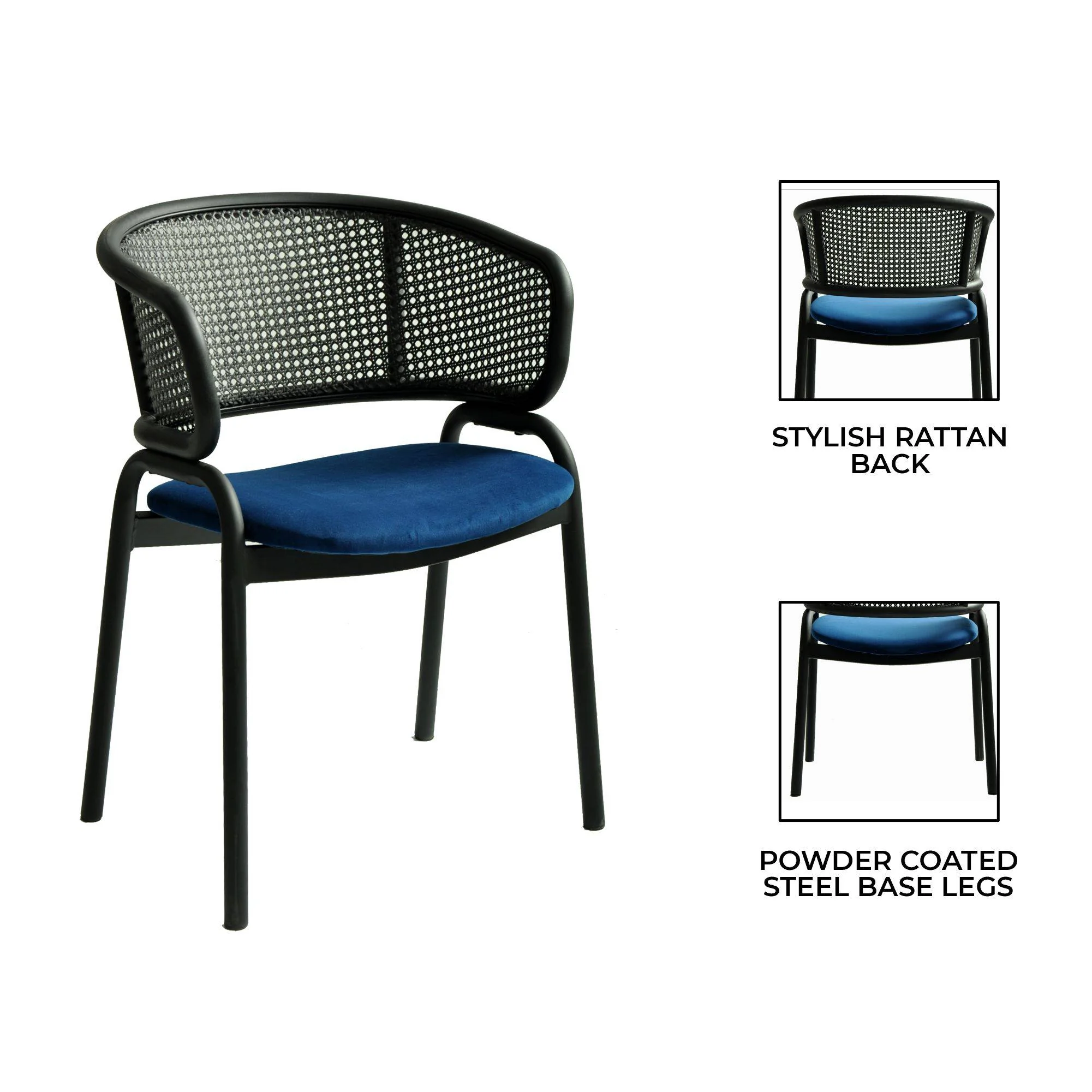 Ervilla Dining Armchair in Black Steel Frame with Black Wicker Back and Navy Blue Seat Set of 2