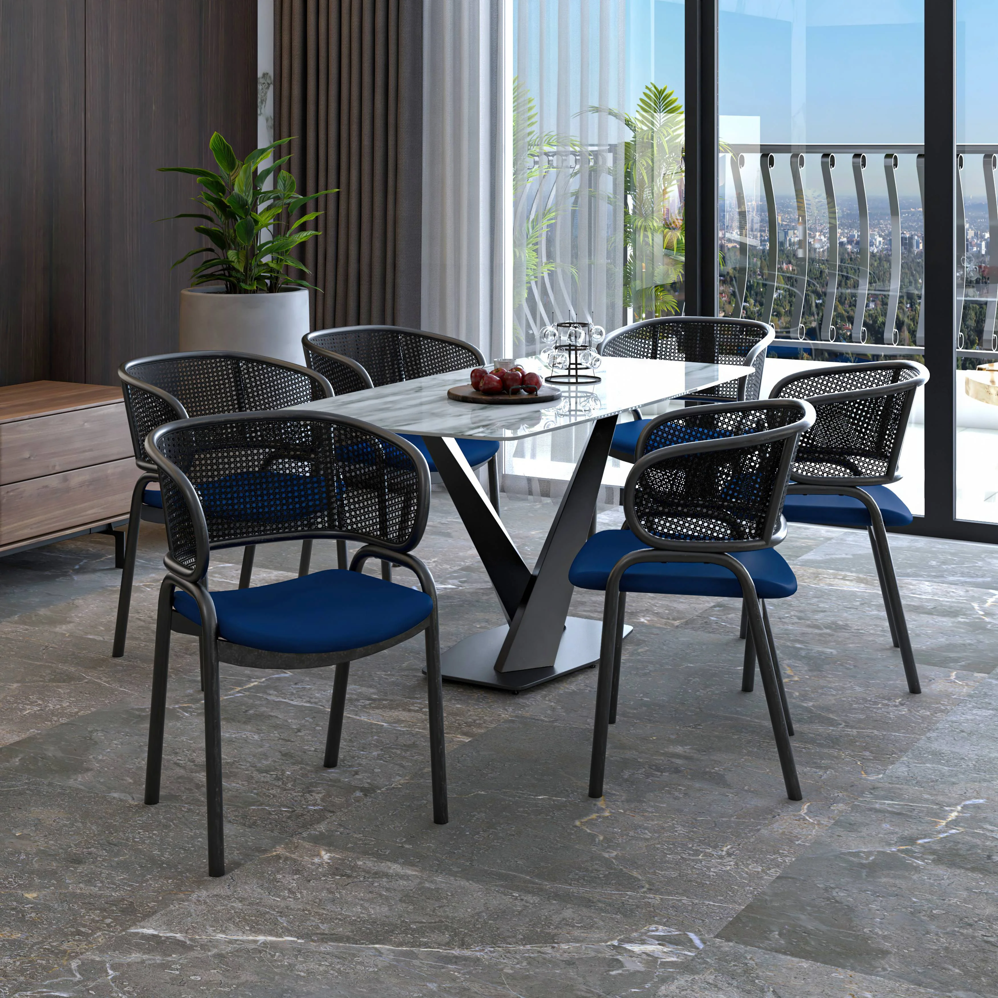 Ervilla Dining Armchair in Black Steel Frame with Black Wicker Back and Navy Blue Seat Set of 2