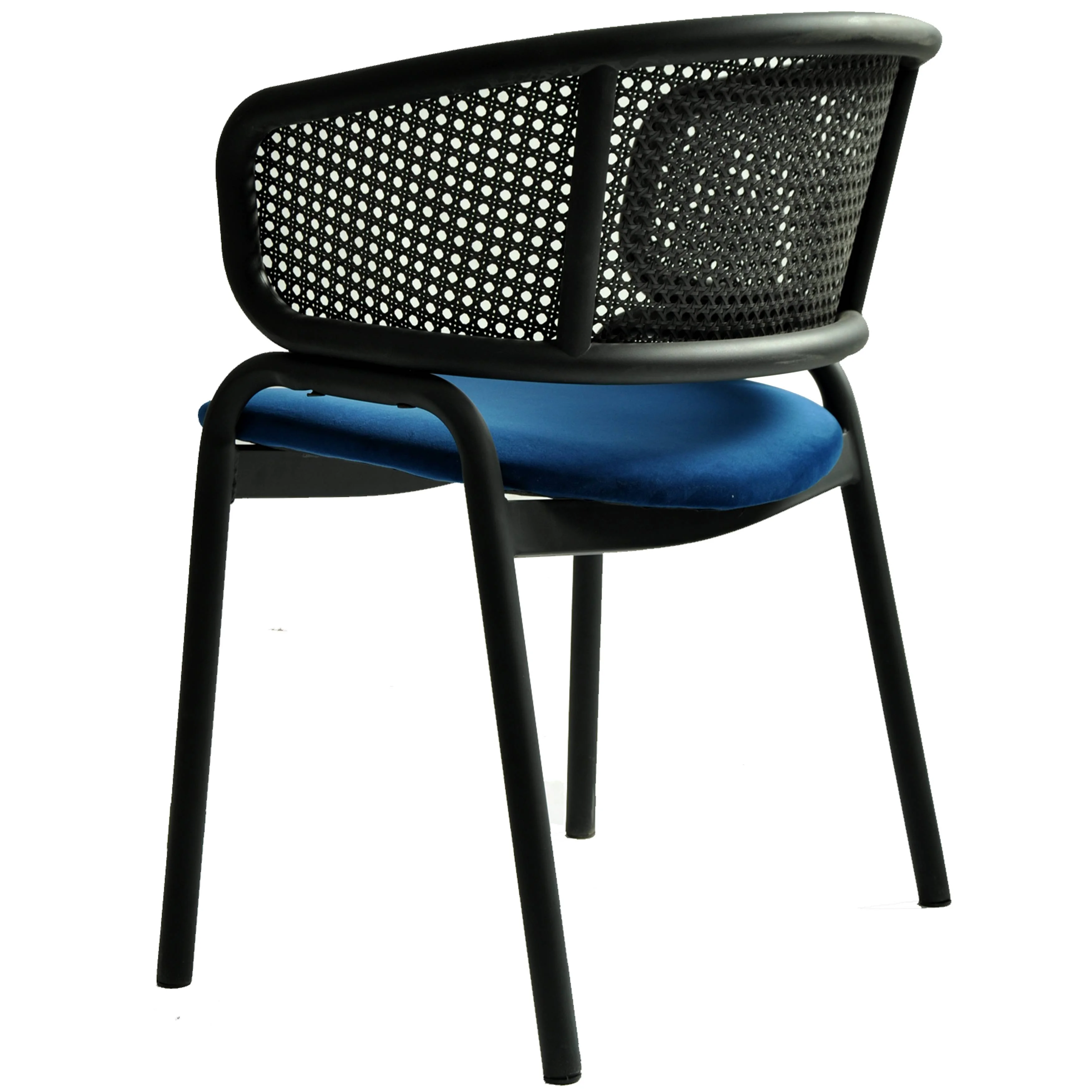 Ervilla Dining Armchair in Black Steel Frame with Black Wicker Back and Navy Blue Seat Set of 2