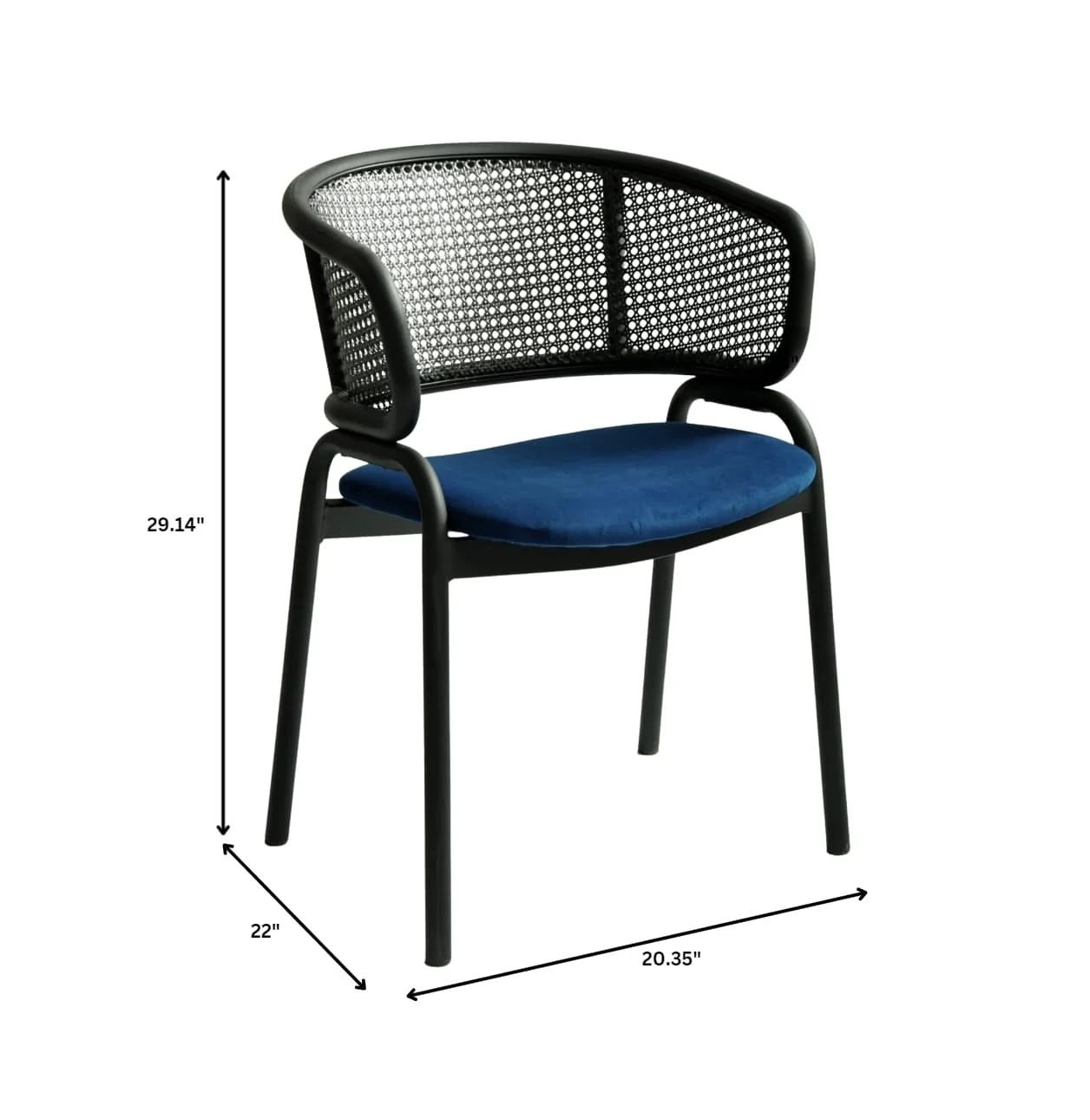 Ervilla Dining Armchair in Black Steel Frame with Black Wicker Back and Navy Blue Seat Set of 2