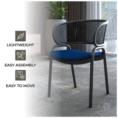 Ervilla Dining Armchair in Black Steel Frame with Black Wicker Back and Navy Blue Seat Set of 2