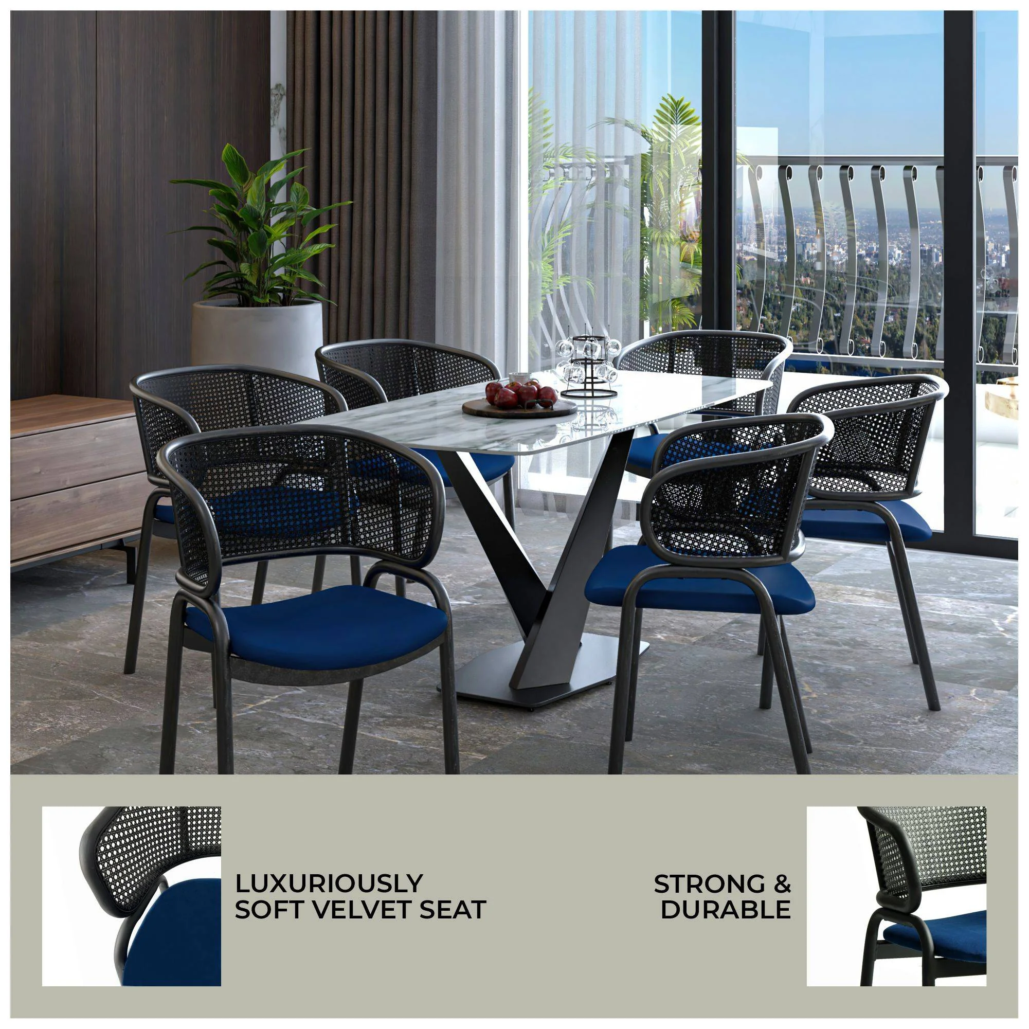 Ervilla Dining Armchair in Black Steel Frame with Black Wicker Back and Navy Blue Seat Set of 4