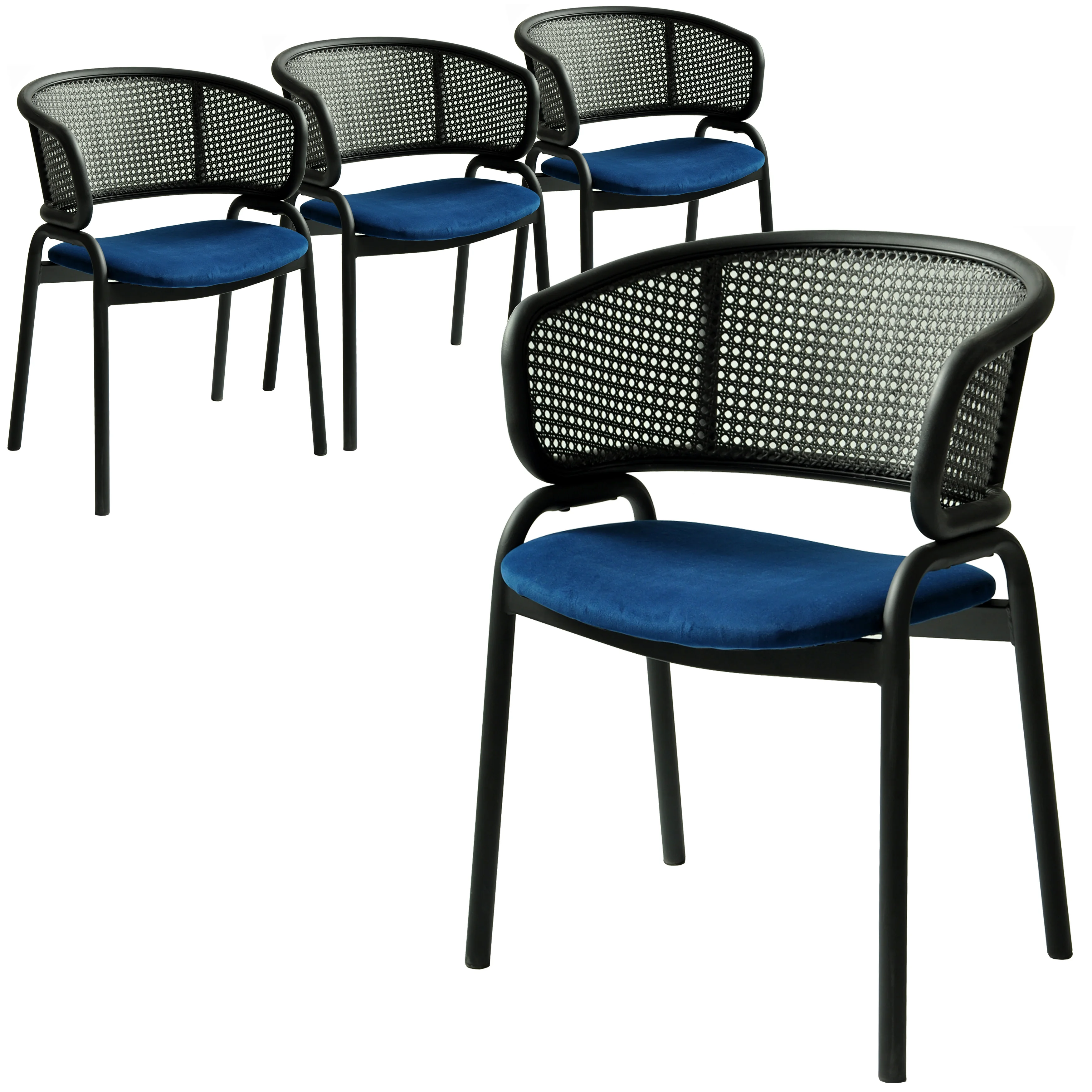 Ervilla Dining Armchair in Black Steel Frame with Black Wicker Back and Navy Blue Seat Set of 4