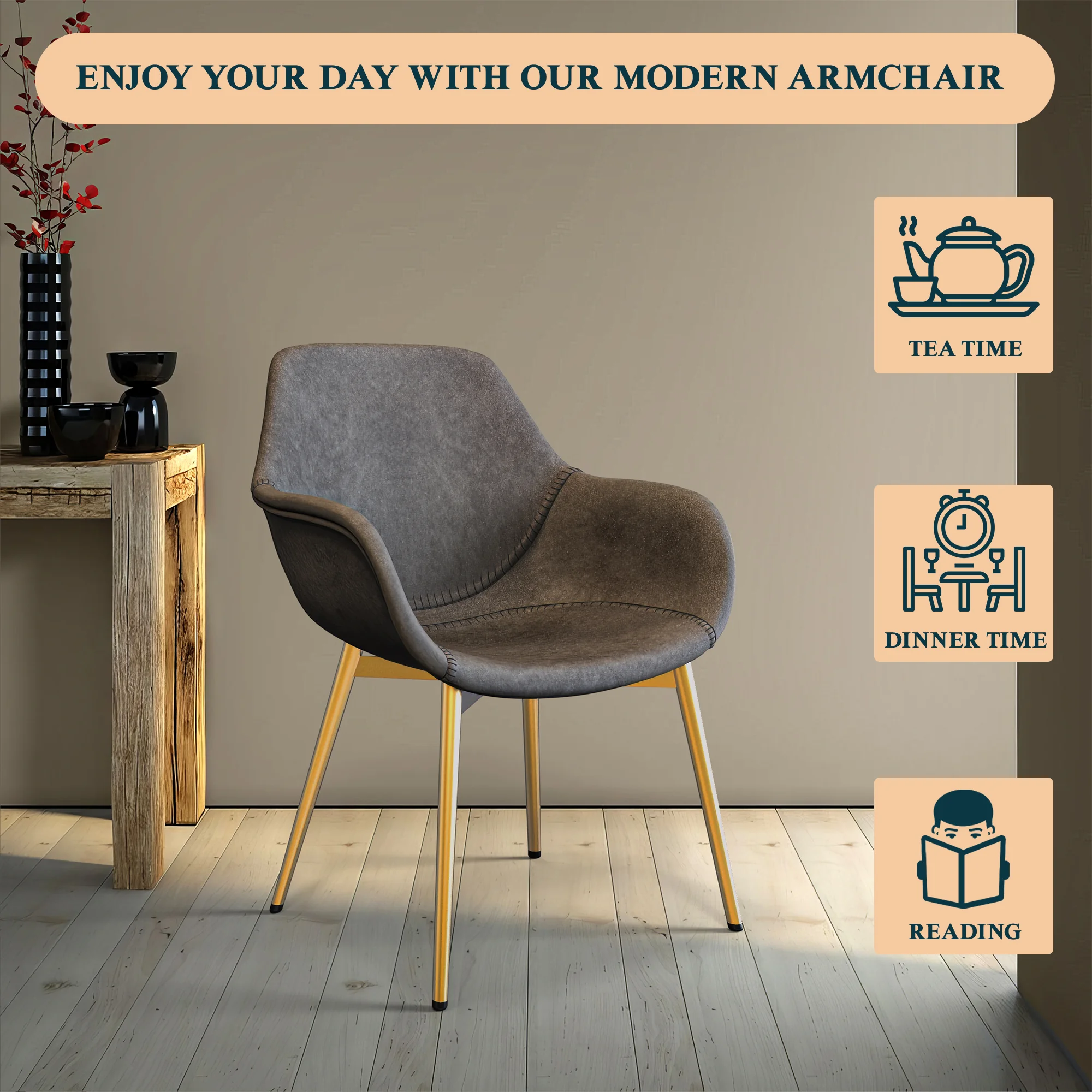 Markley Modern Leather Dining Arm Chair With Gold Metal Legs