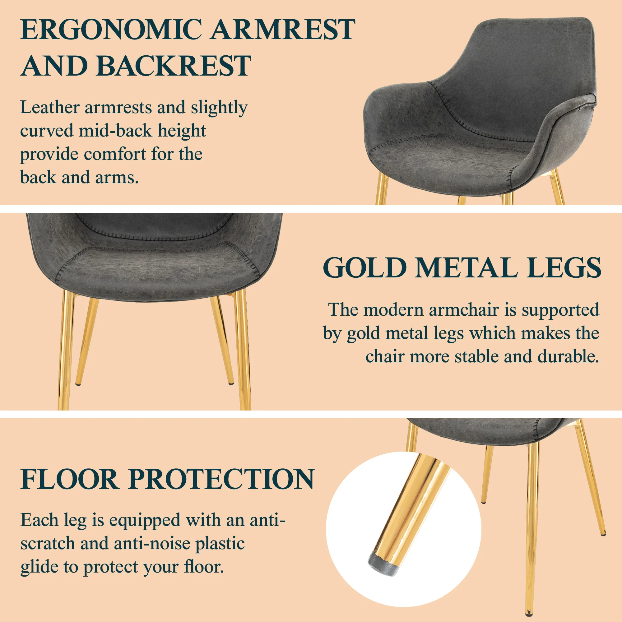 Markley Modern Leather Dining Arm Chair With Gold Metal Legs