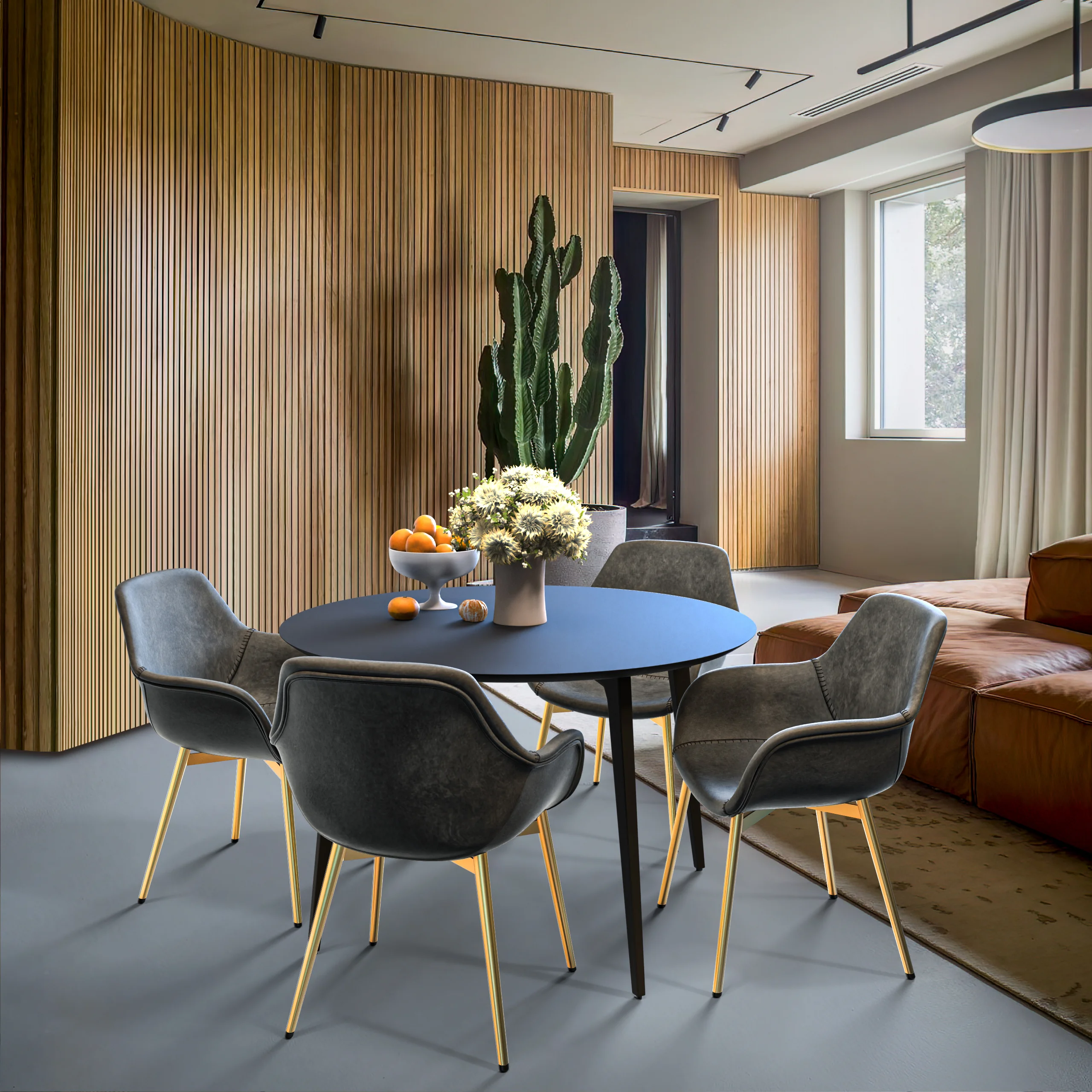 Markley Modern Leather Dining Arm Chair With Gold Metal Legs