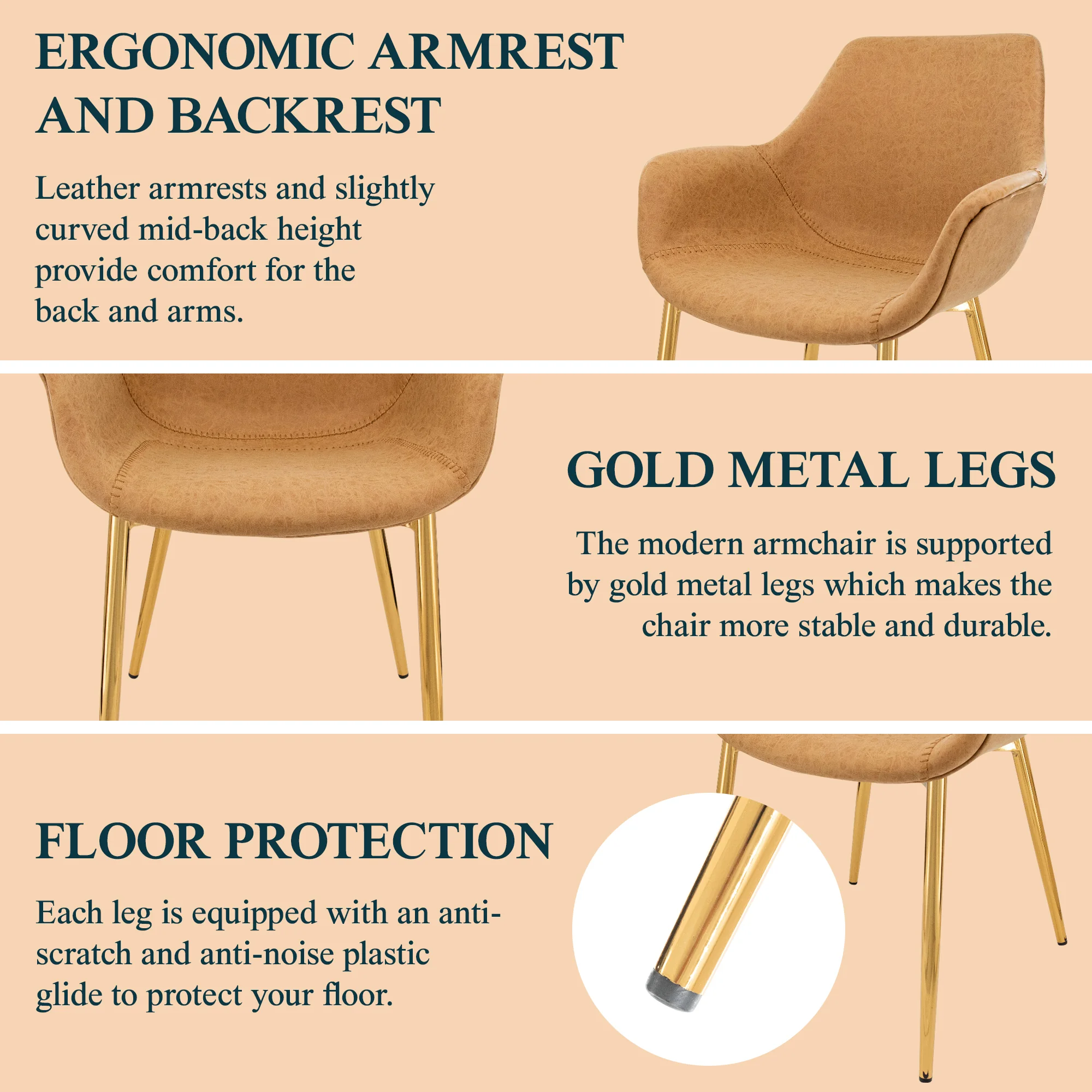 Markley Modern Leather Dining Arm Chair With Gold Metal Legs