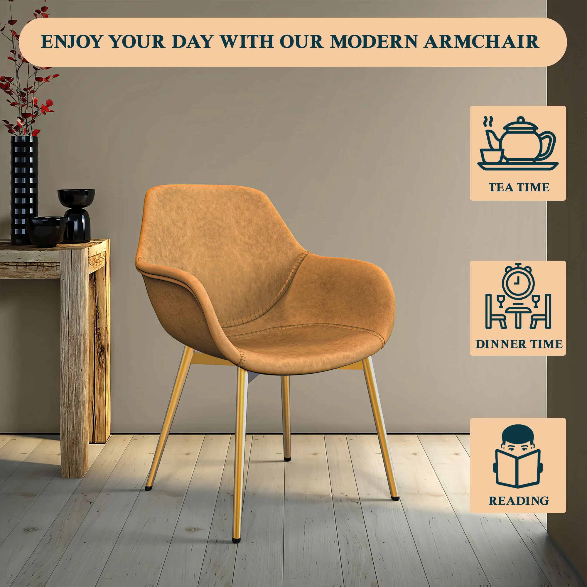 Markley Modern Leather Dining Arm Chair With Gold Metal Legs Set of 2