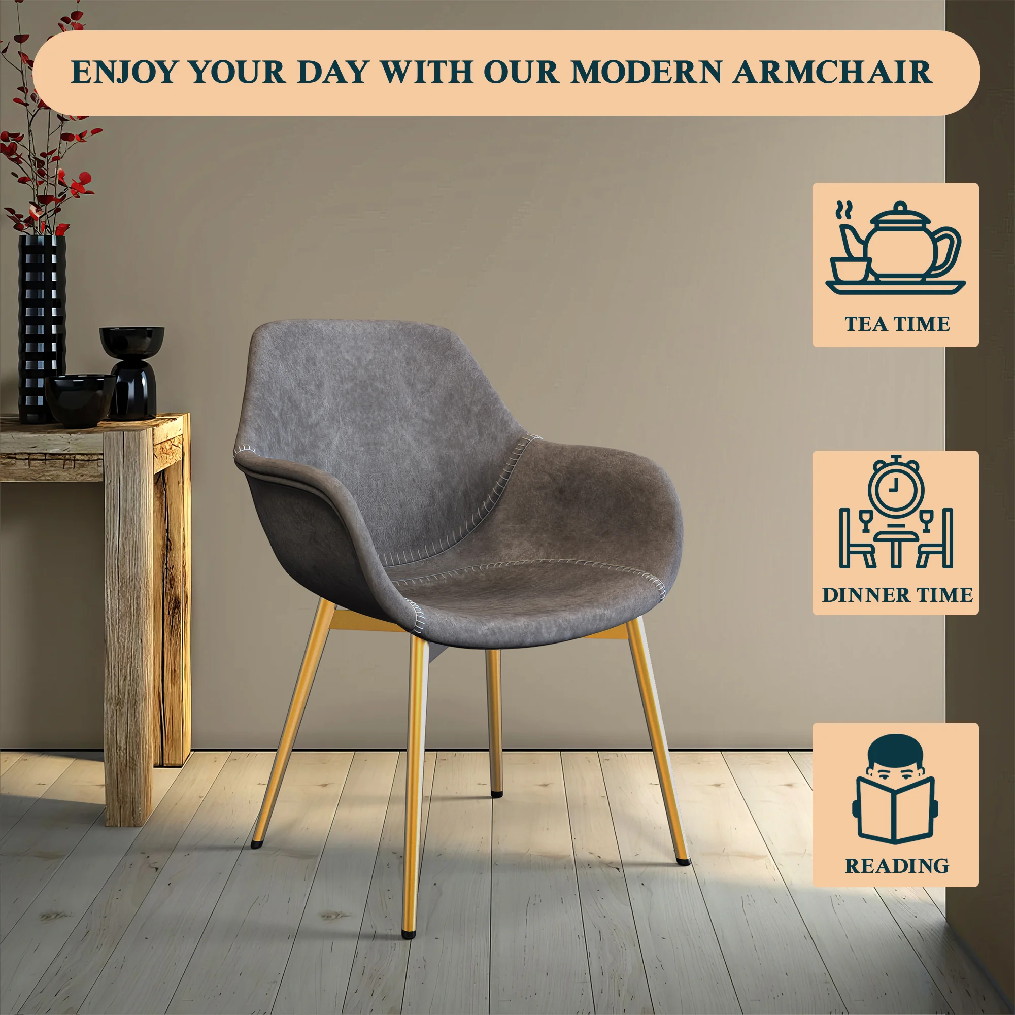 Markley Modern Leather Dining Arm Chair With Gold Metal Legs