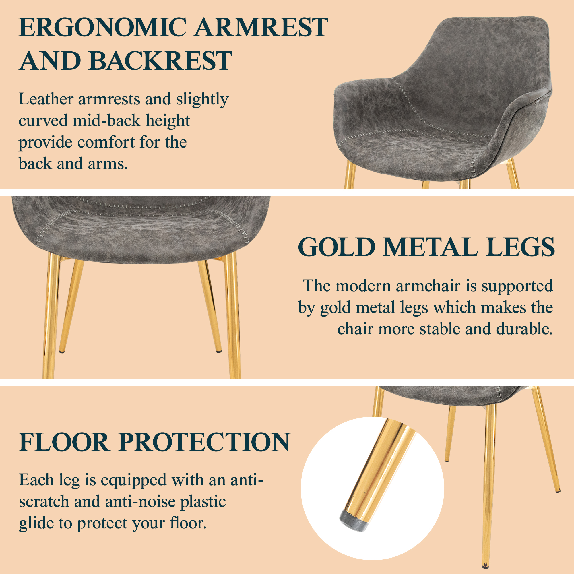 Markley Modern Leather Dining Arm Chair With Gold Metal Legs Set of 2