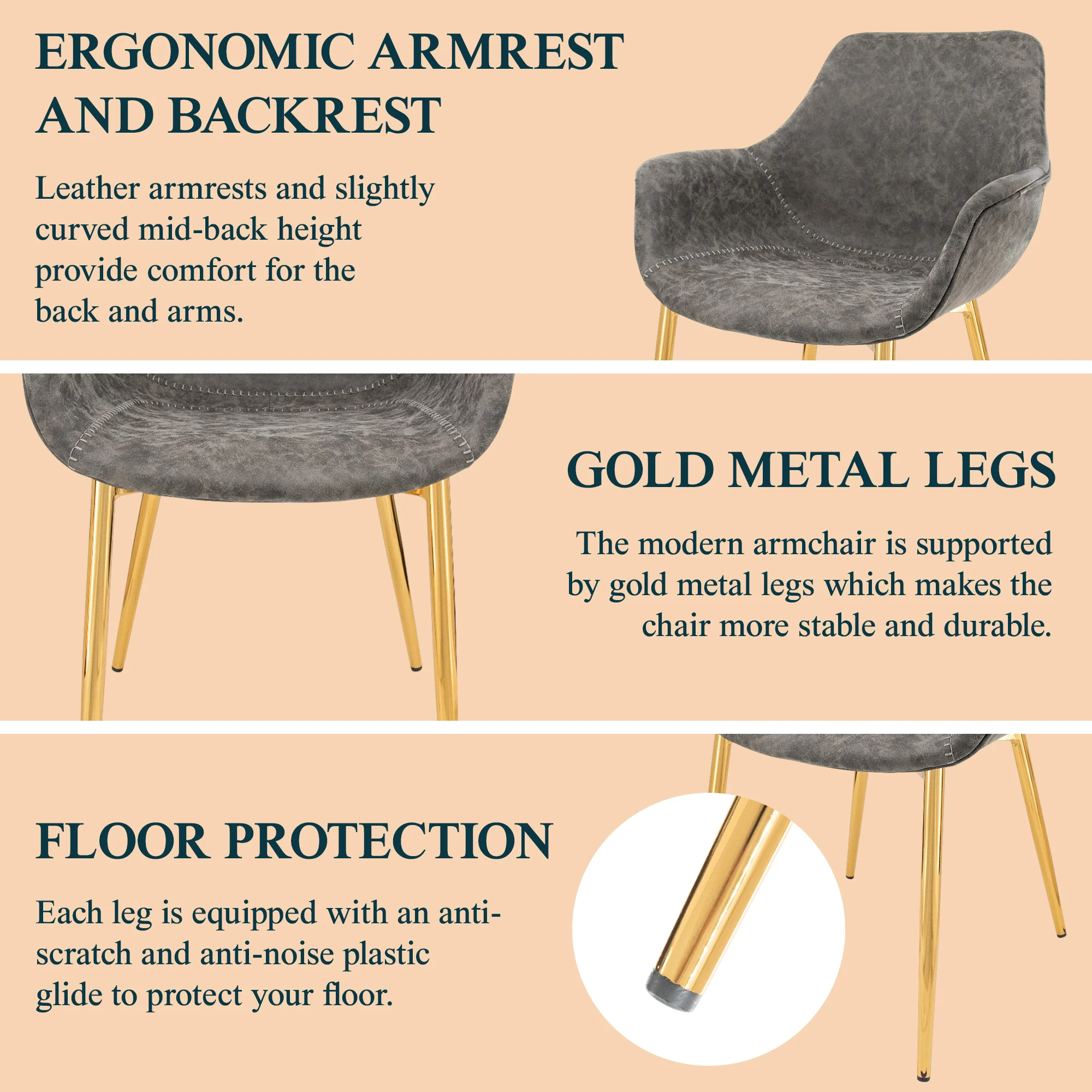 Markley Modern Leather Dining Arm Chair With Gold Metal Legs Set of 2