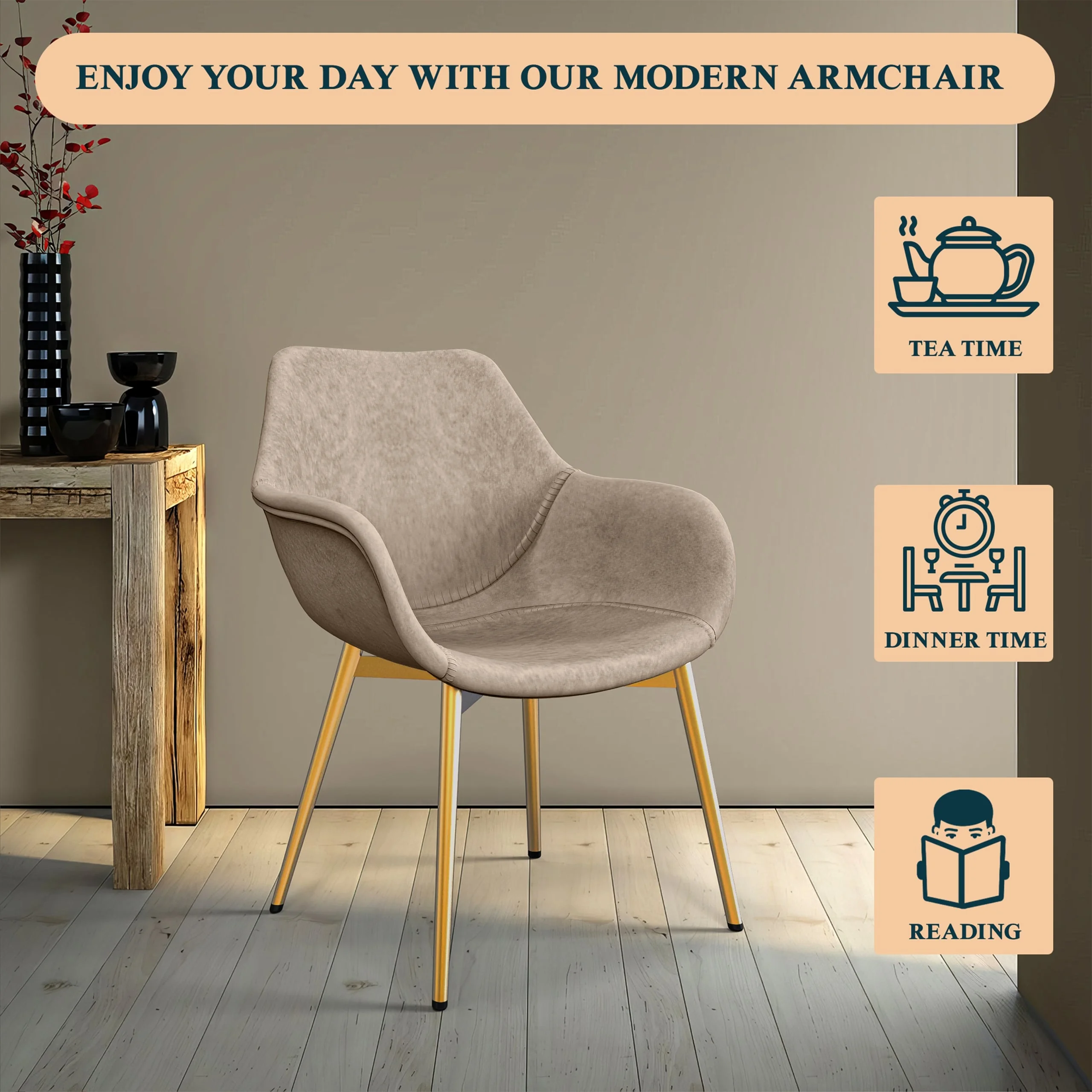 Markley Modern Leather Dining Arm Chair With Gold Legs in Taupe