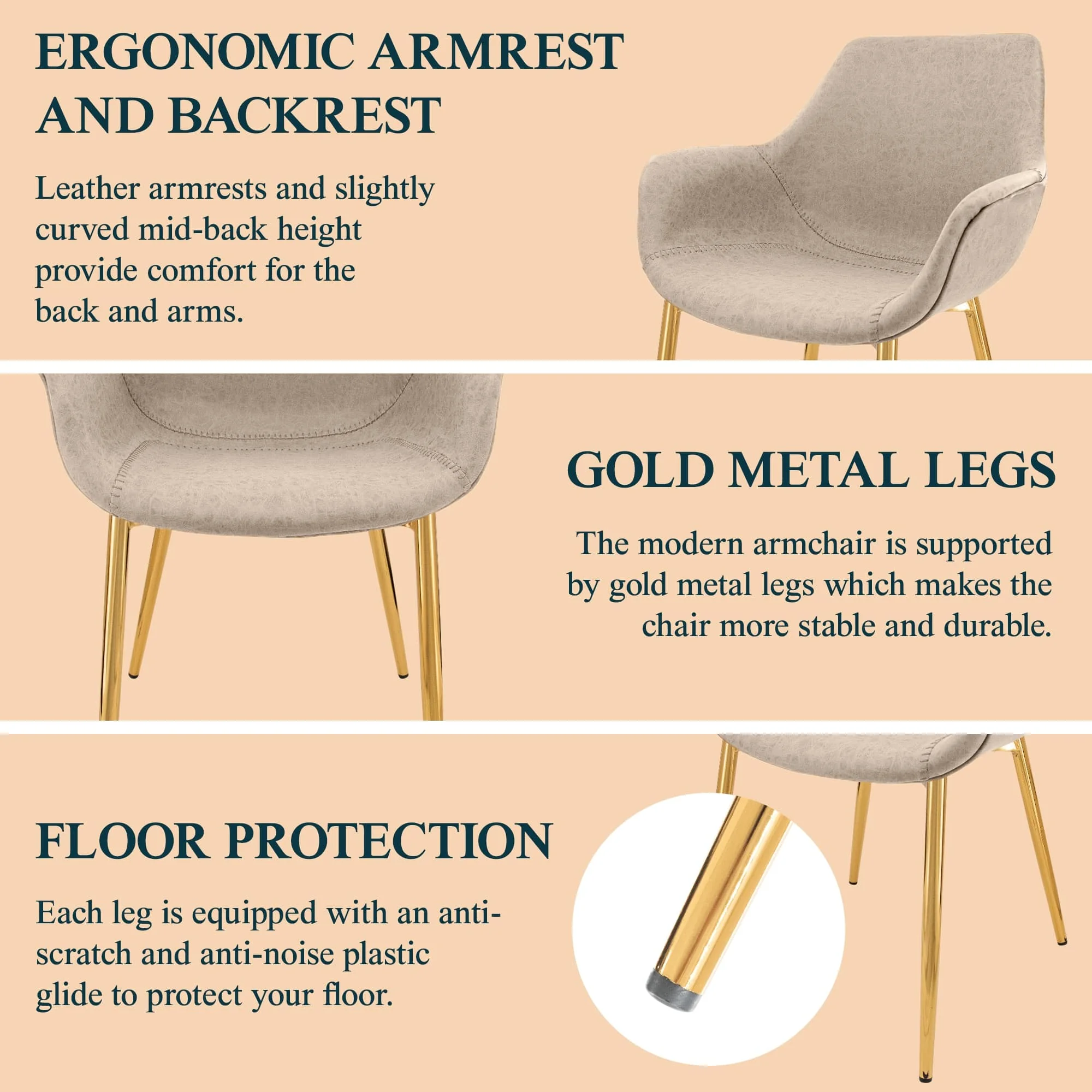 Markley Modern Leather Dining Arm Chair With Gold Legs in Taupe