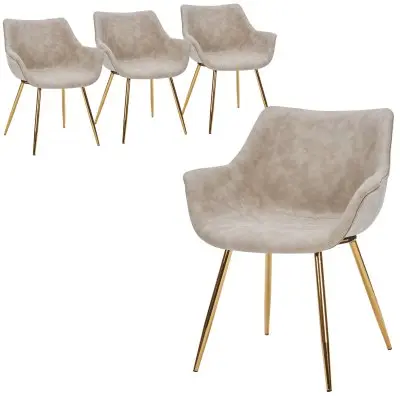 Markley Modern Leather Dining Arm Chair With Gold Legs in Taupe Set of 4