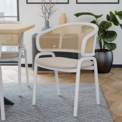 Ervilla Modern Dining Chair with White Powder Coated Steel Legs and Wicker Back