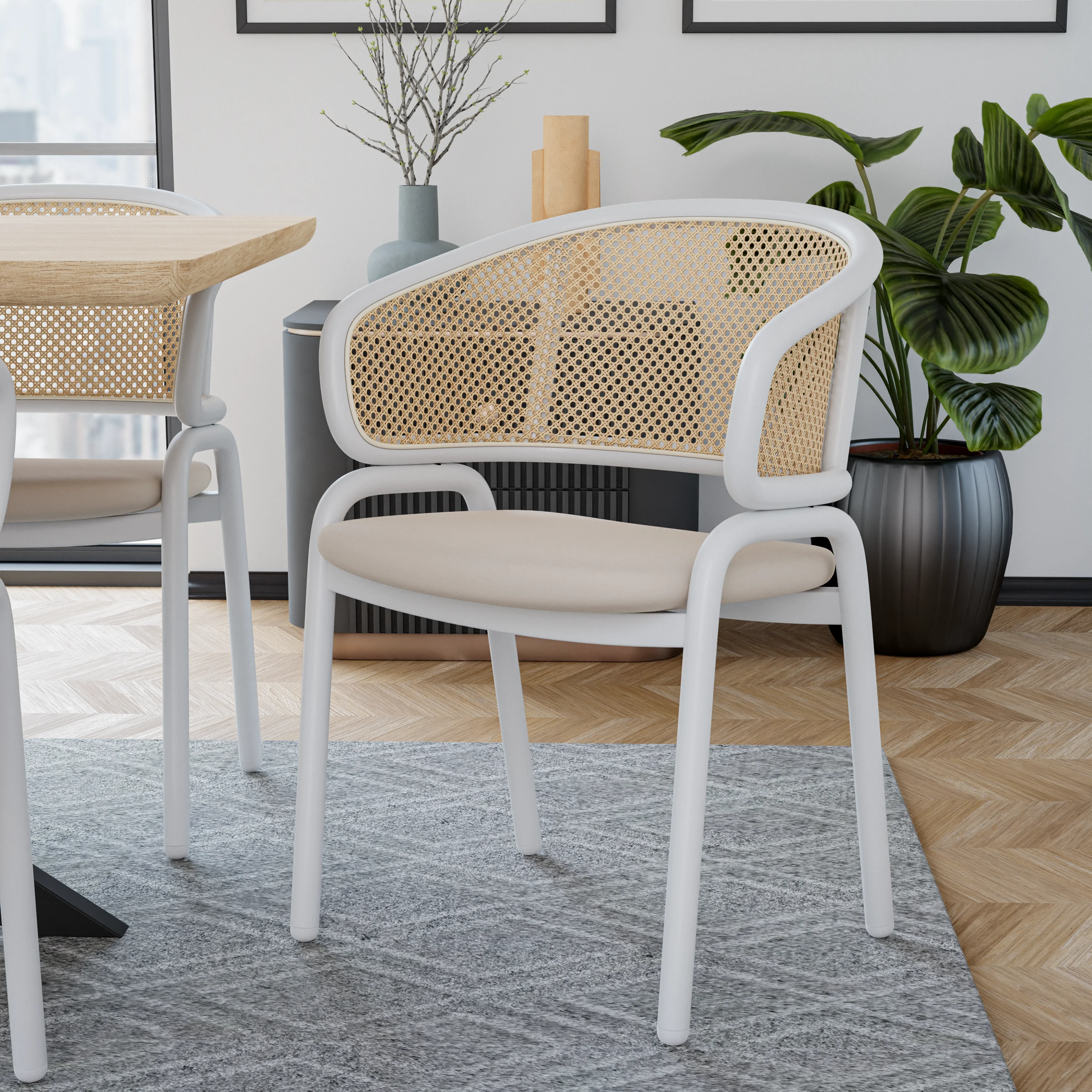 Ervilla Modern Dining Chair with White Powder Coated Steel Legs and Wicker Back, Set of 2