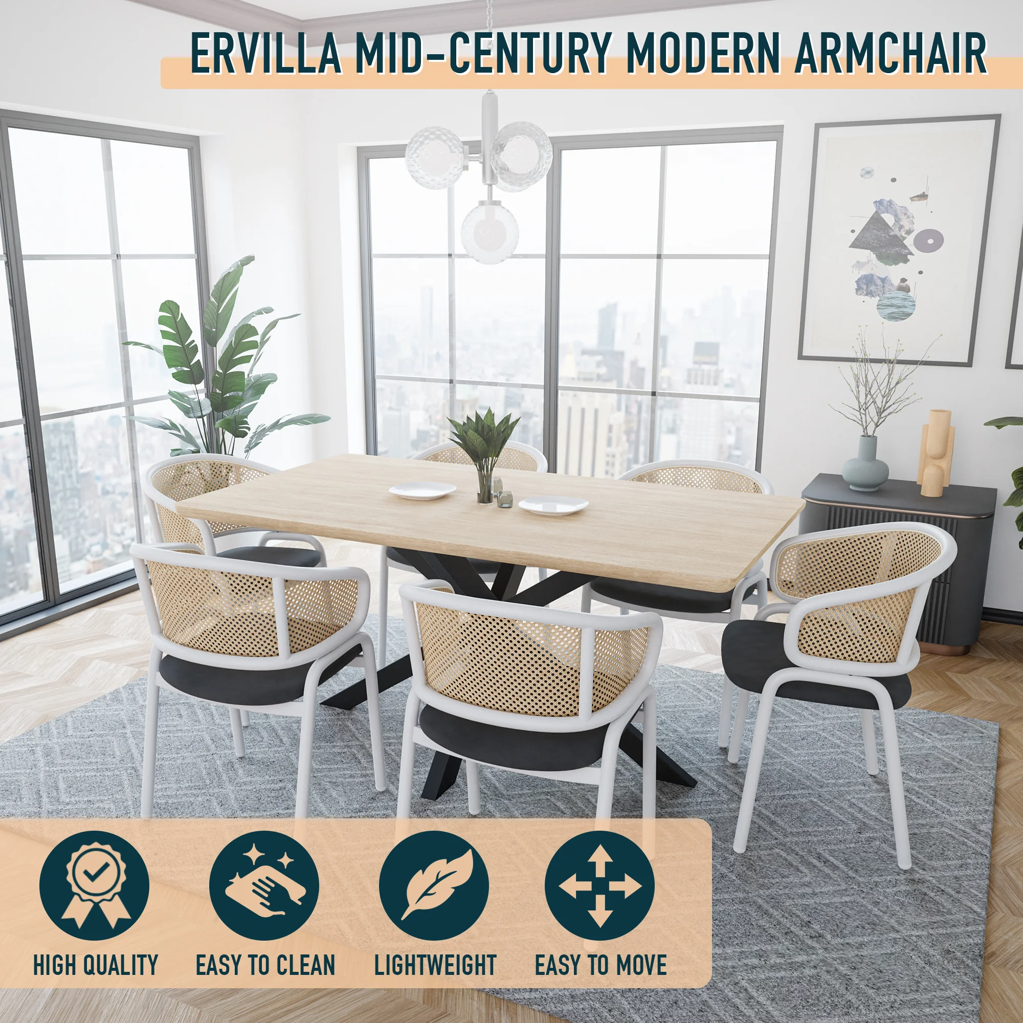 Ervilla - Dining Chair - White frame in Black Leather Set of 2