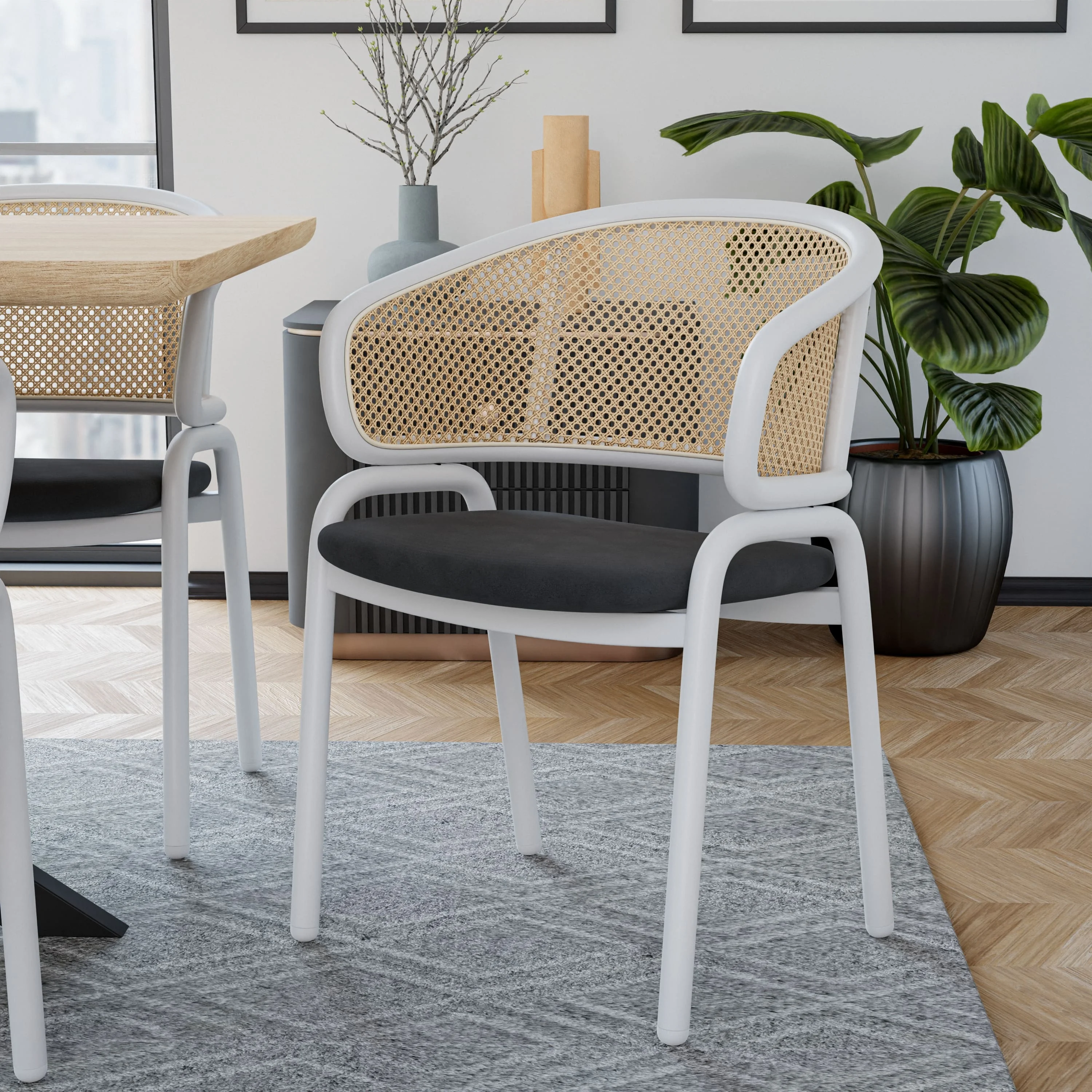 Ervilla - Dining Chair - White frame in Black Leather Set of 2