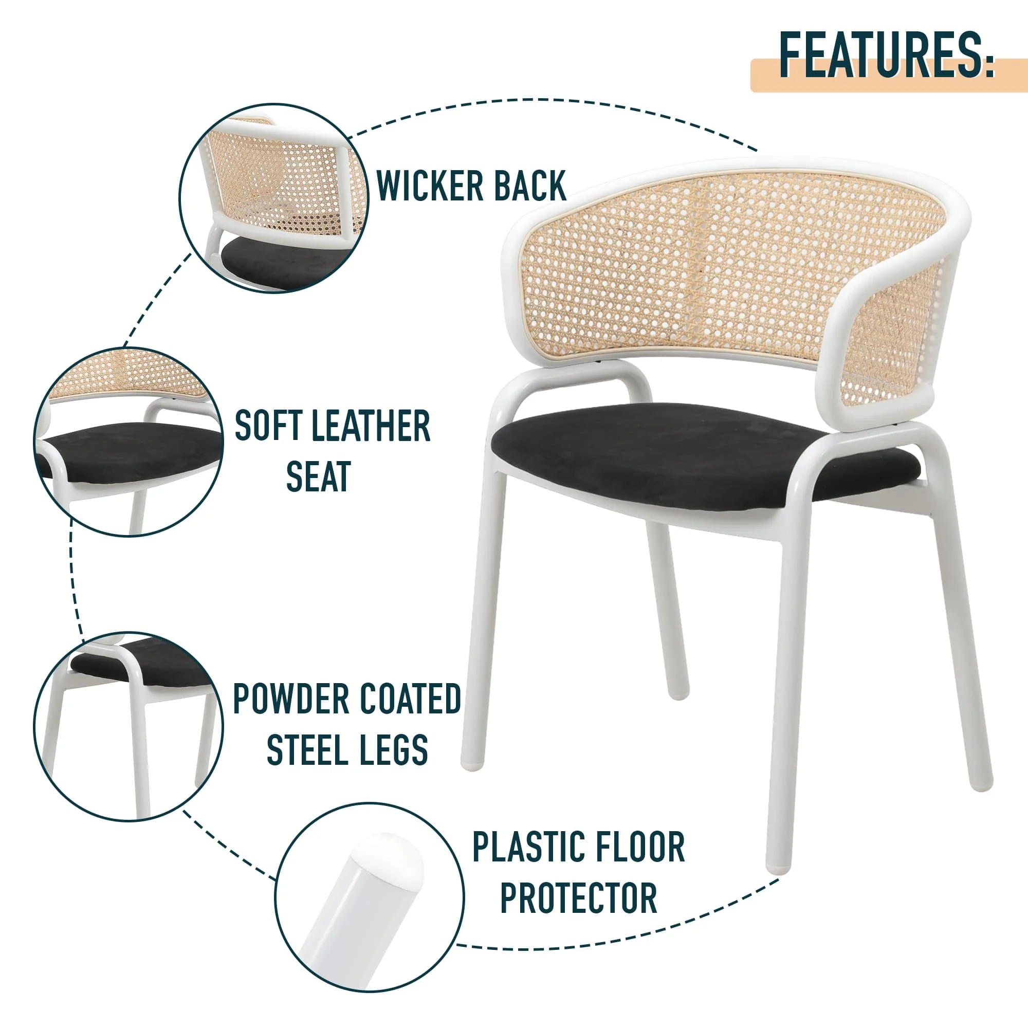 Ervilla - Dining Chair - White frame in Black Leather Set of 4