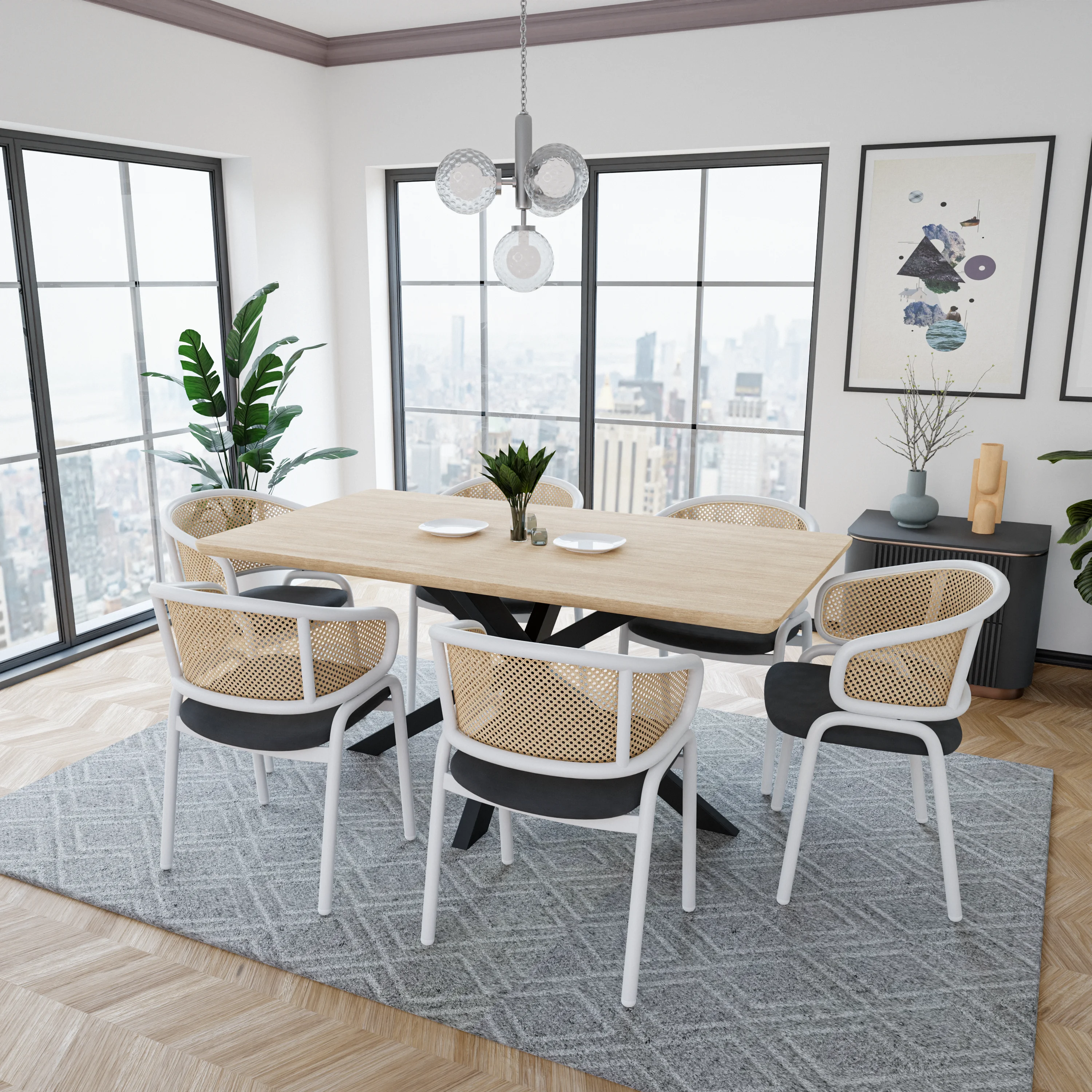 Ervilla Modern Dining Chair with White Powder Coated Steel Legs and Wicker Back, Set of 4