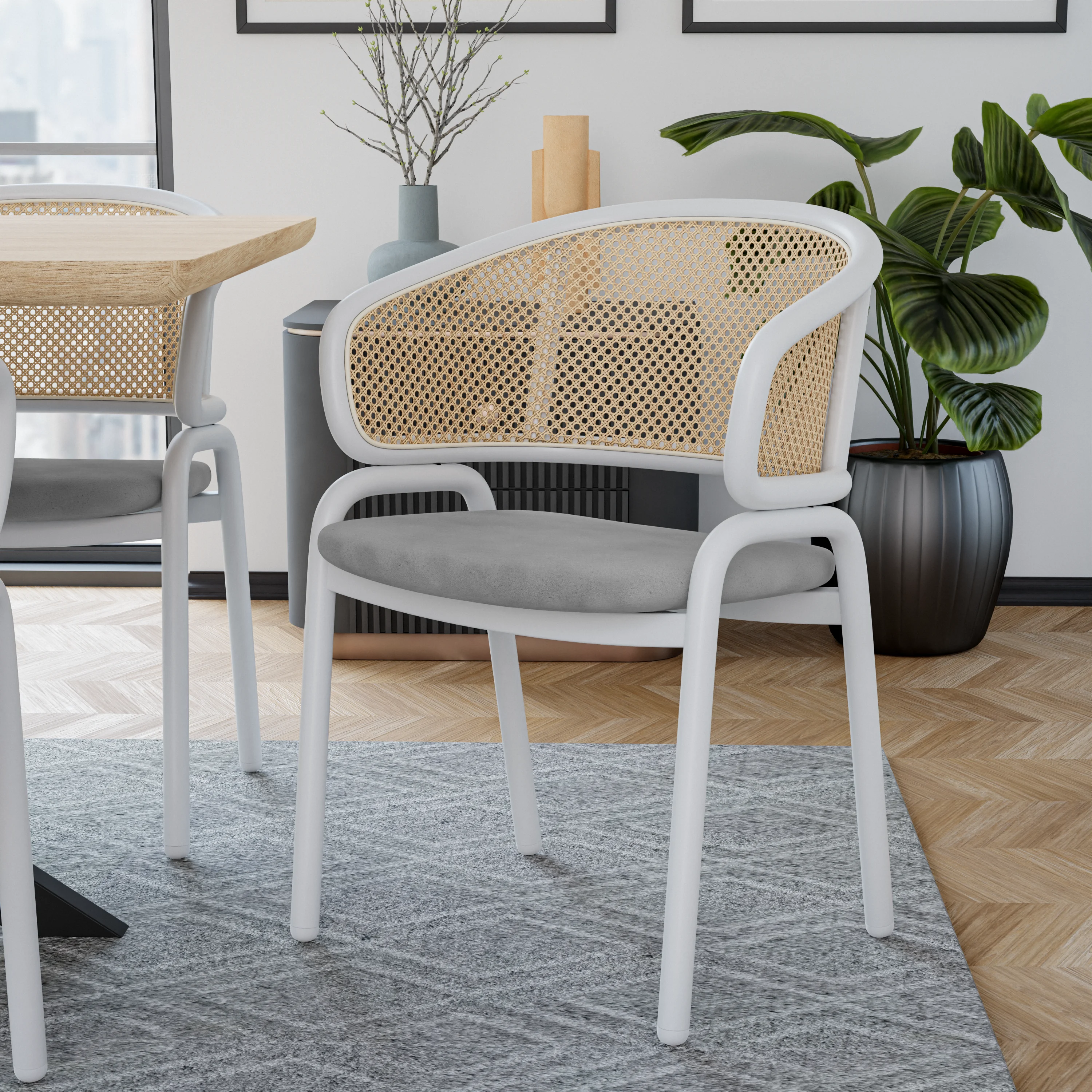 Ervilla Modern Dining Chair with White Powder Coated Steel Legs and Wicker Back, Set of 4