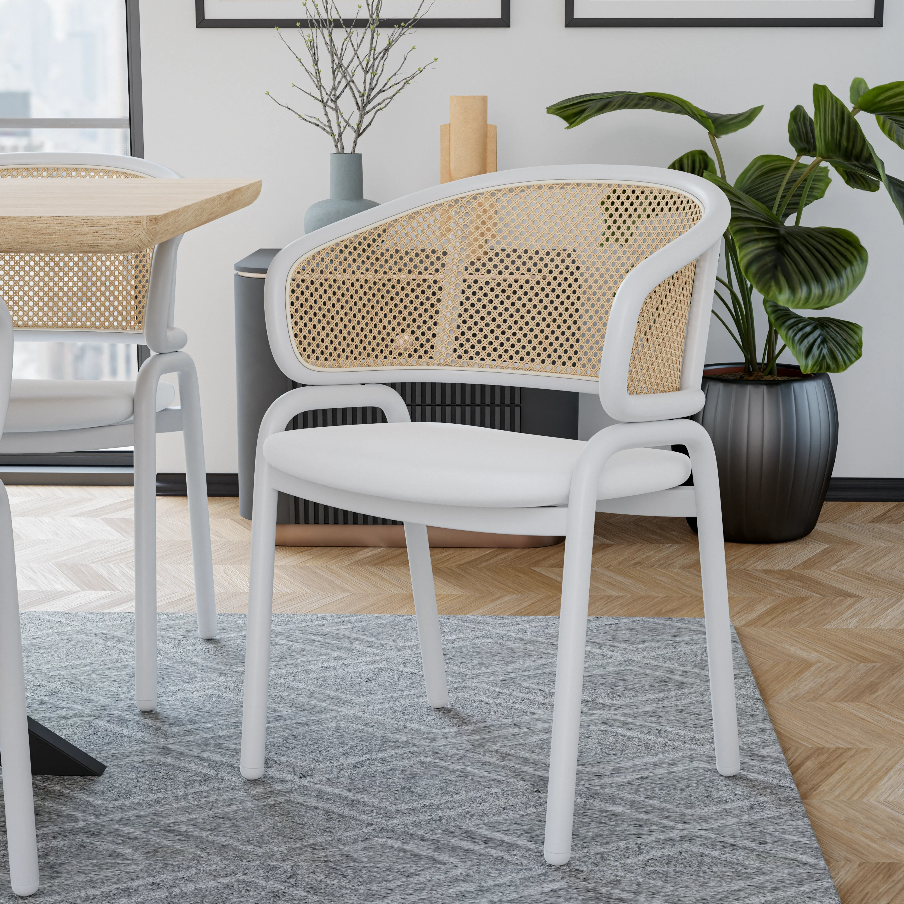 Ervilla Modern Dining Chair with White Powder Coated Steel Legs and Wicker Back, Set of 4