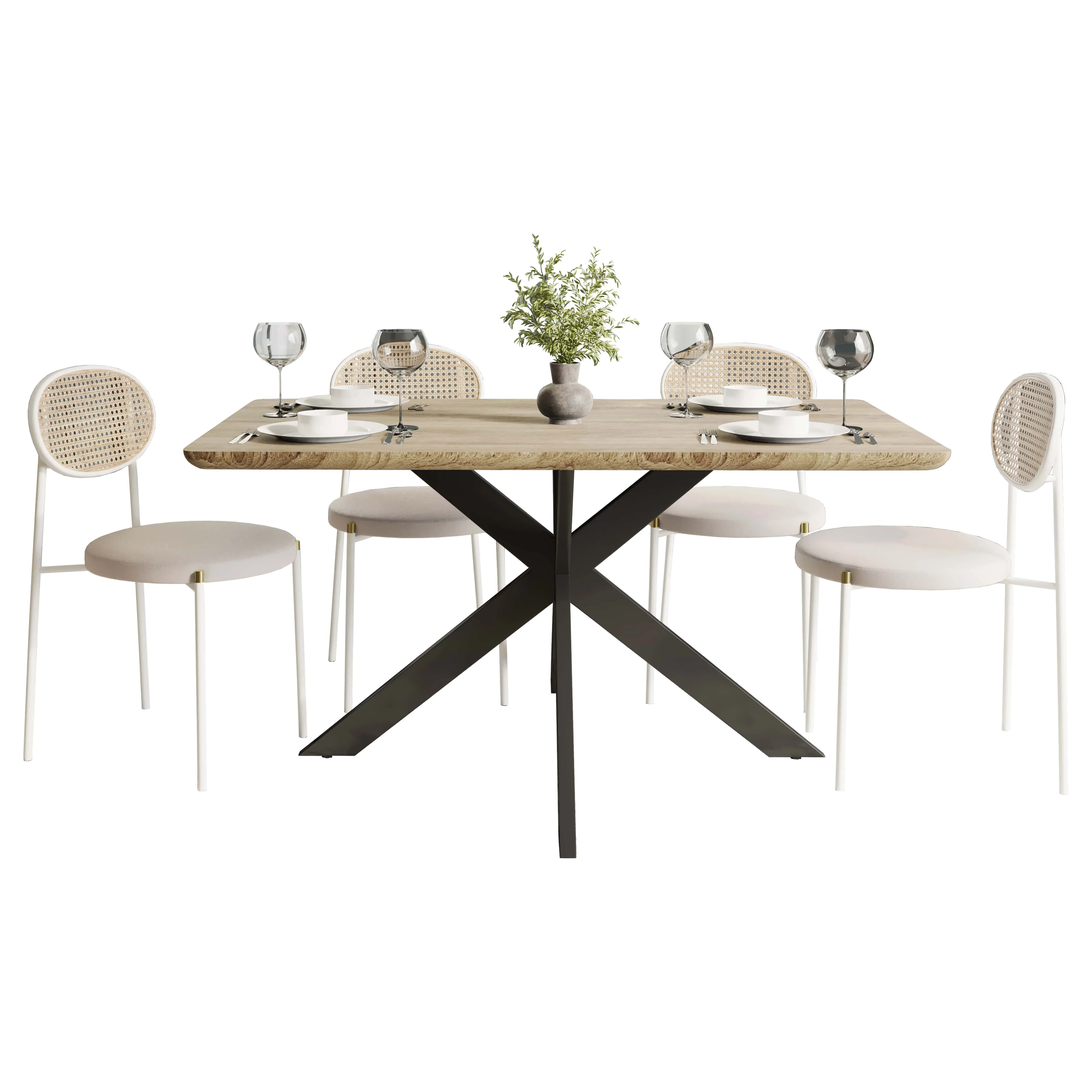 5-Piece Dining Set with 63" Rectangular Dining Table in Maple with 4 Velvet Dining Chairs in White Steel Legs in Beige