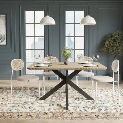 5-Piece Dining Set with 63" Rectangular Dining Table in Maple with 4 Velvet Dining Chairs in White Steel Legs in Beige