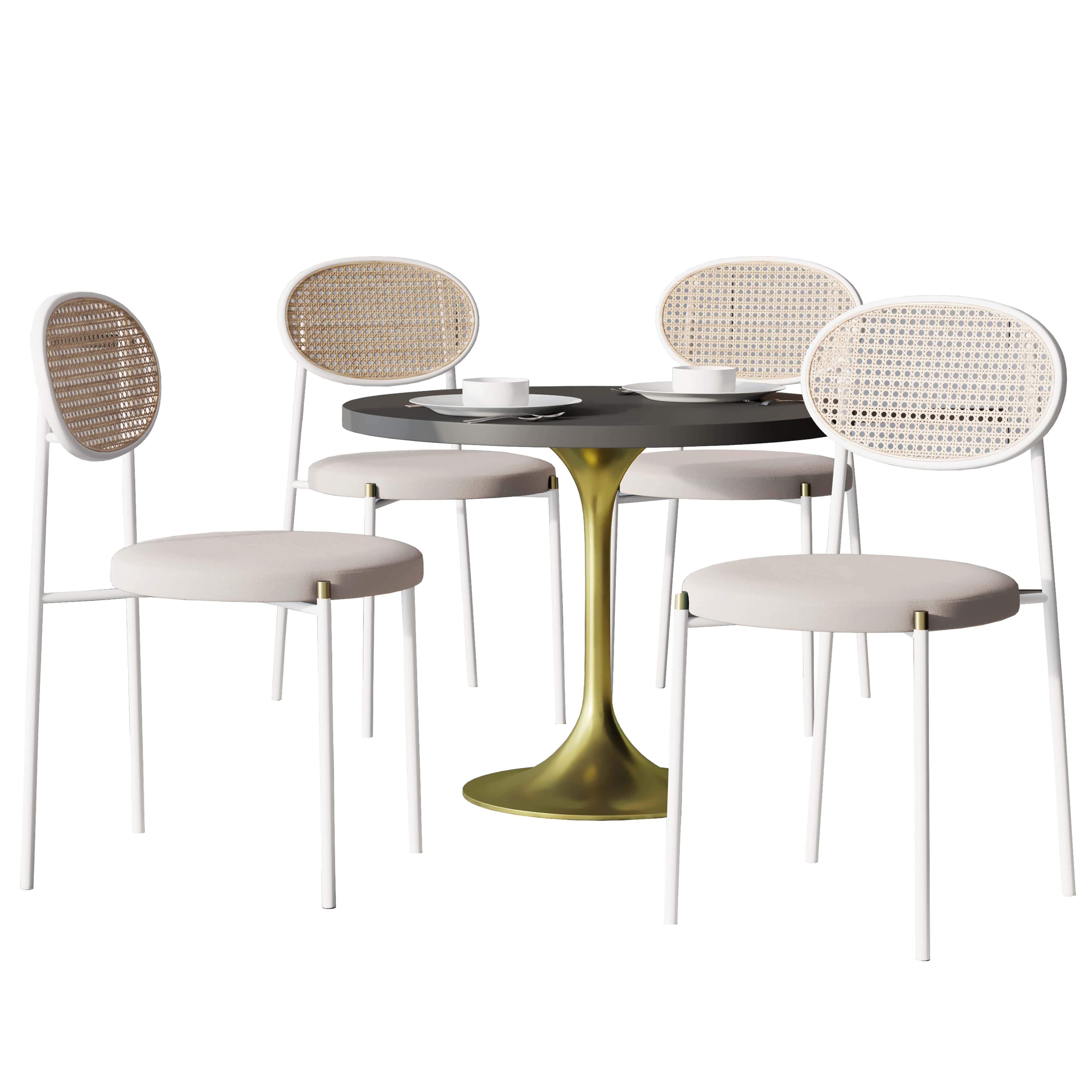 5-Piece Dining Set with 36" Round Dining Table Black MDF Top and Gold Base with 4 Velvet Dining Chairs in White Steel Legs in Beige