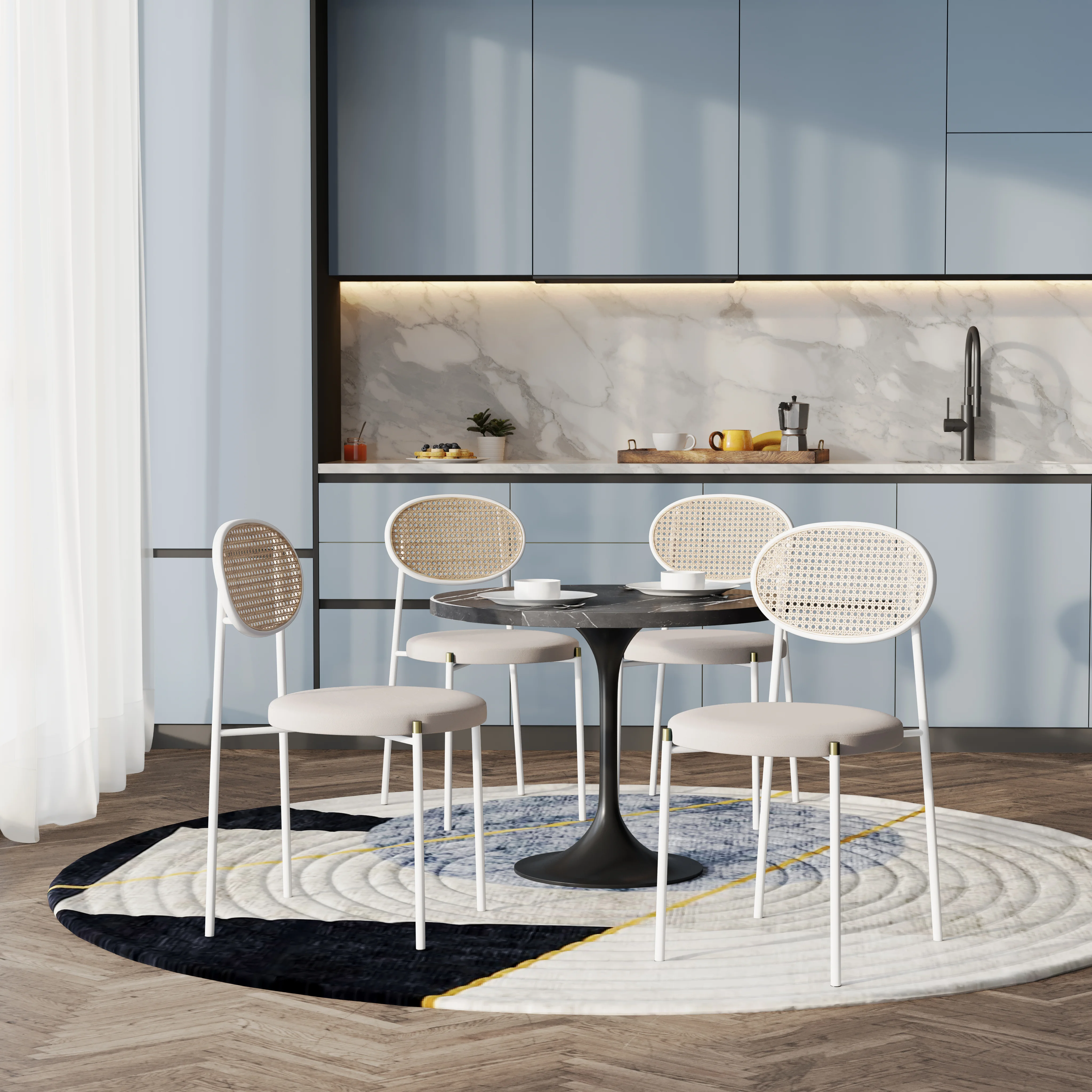 5-Piece Dining Set with 36" Round Dining Table Black Sintered Stone Top and Black Pedestal with 4 Velvet Dining Chairs in White Steel Legs in Beige