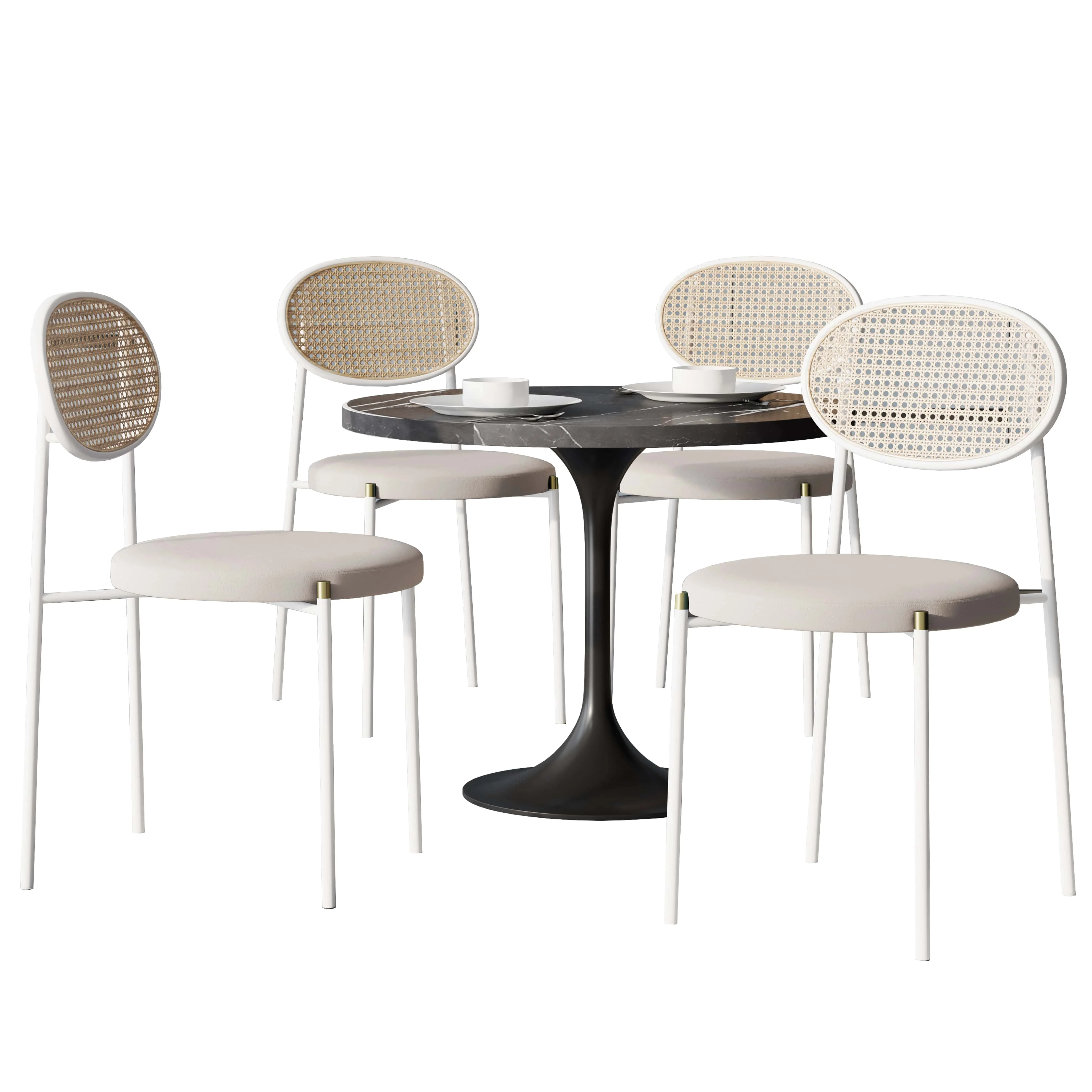 5-Piece Dining Set with 36" Round Dining Table Black Sintered Stone Top and Black Pedestal with 4 Velvet Dining Chairs in White Steel Legs in Beige
