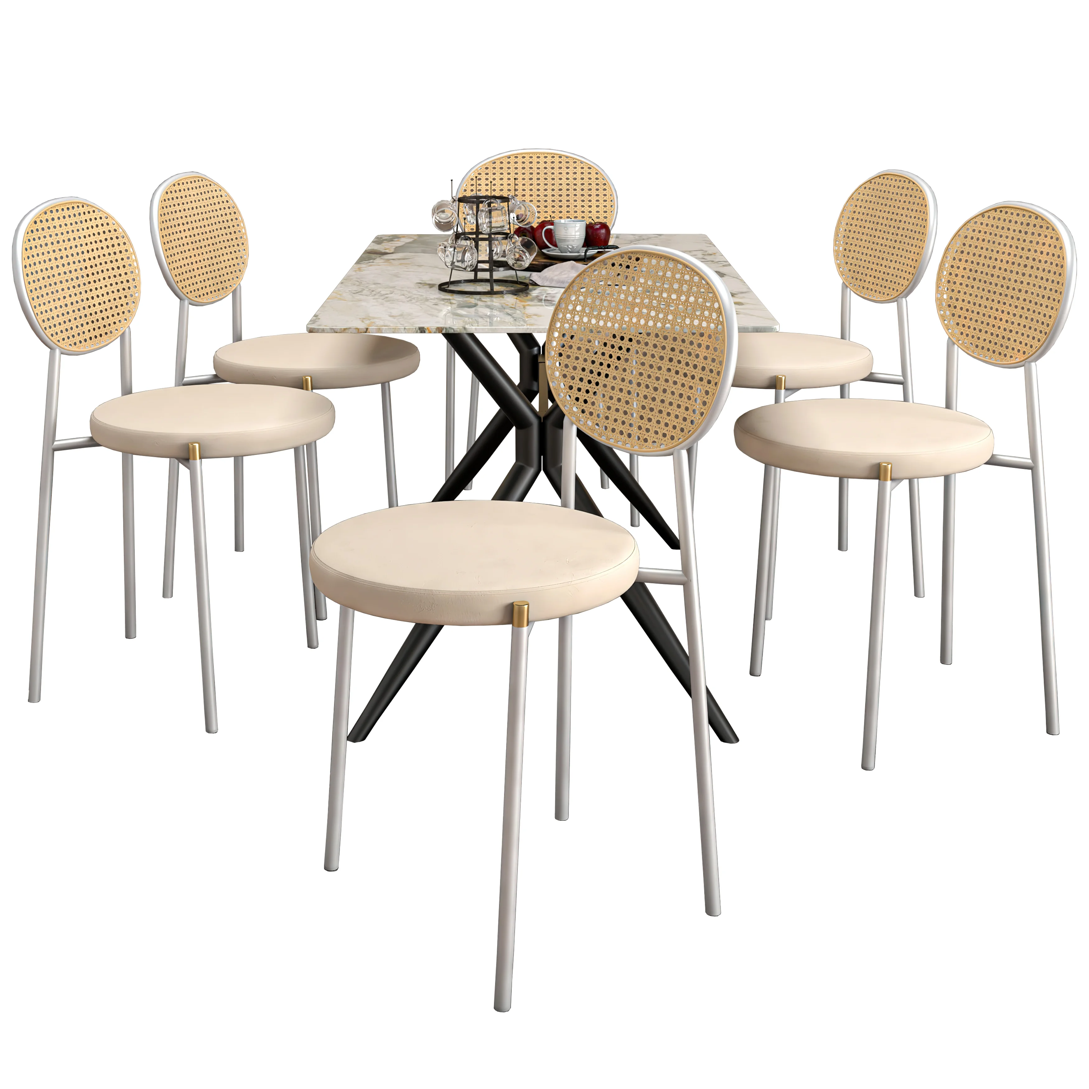 7-Piece Dining Set with Rectangular Sintered Stone Dining Table and 6 Velvet Dining Side Chairs with Wicker Back