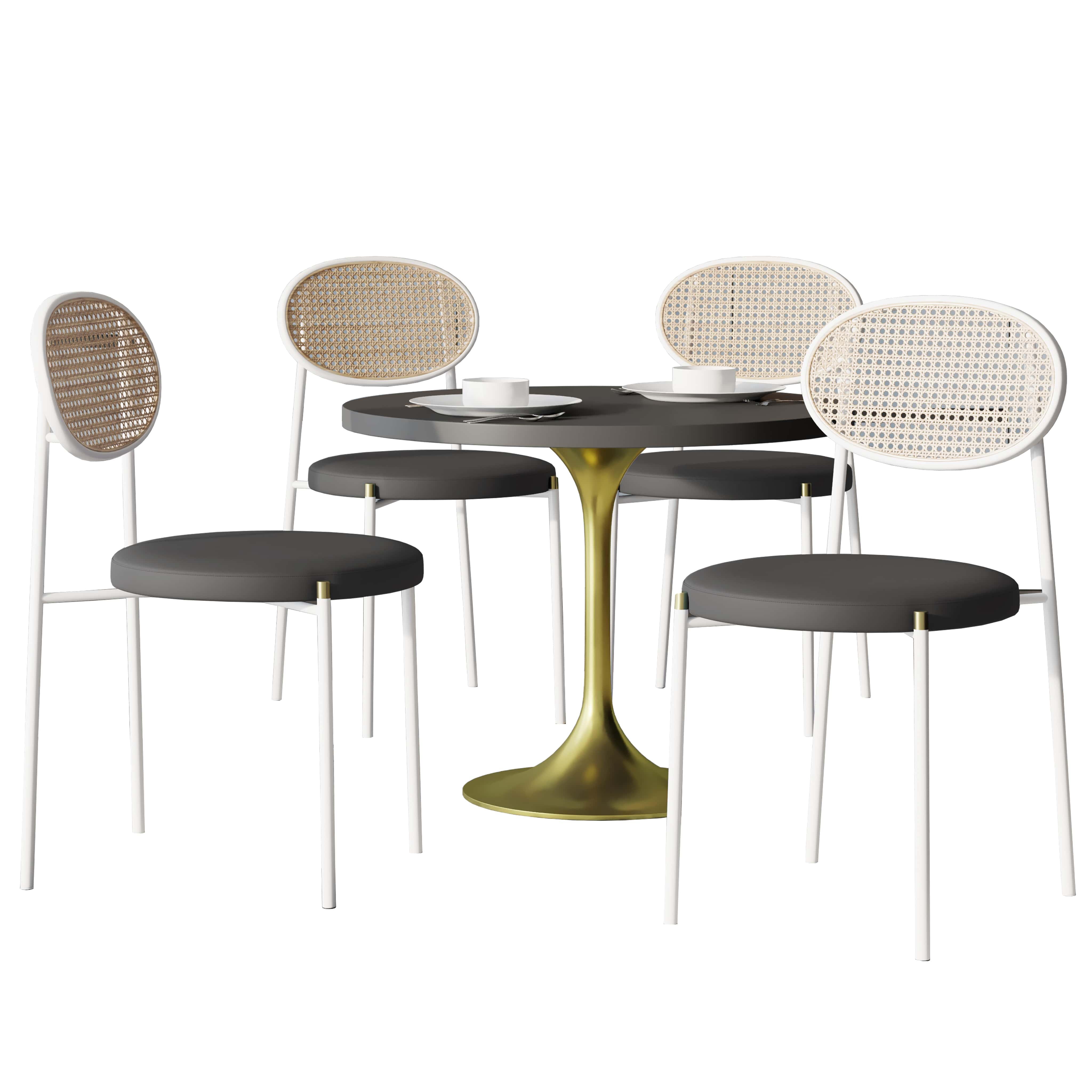 5-Piece Dining Set with 36" Round Dining Table Black MDF Top and Gold Base with 4 Velvet Dining Chairs in White Steel Legs in Black