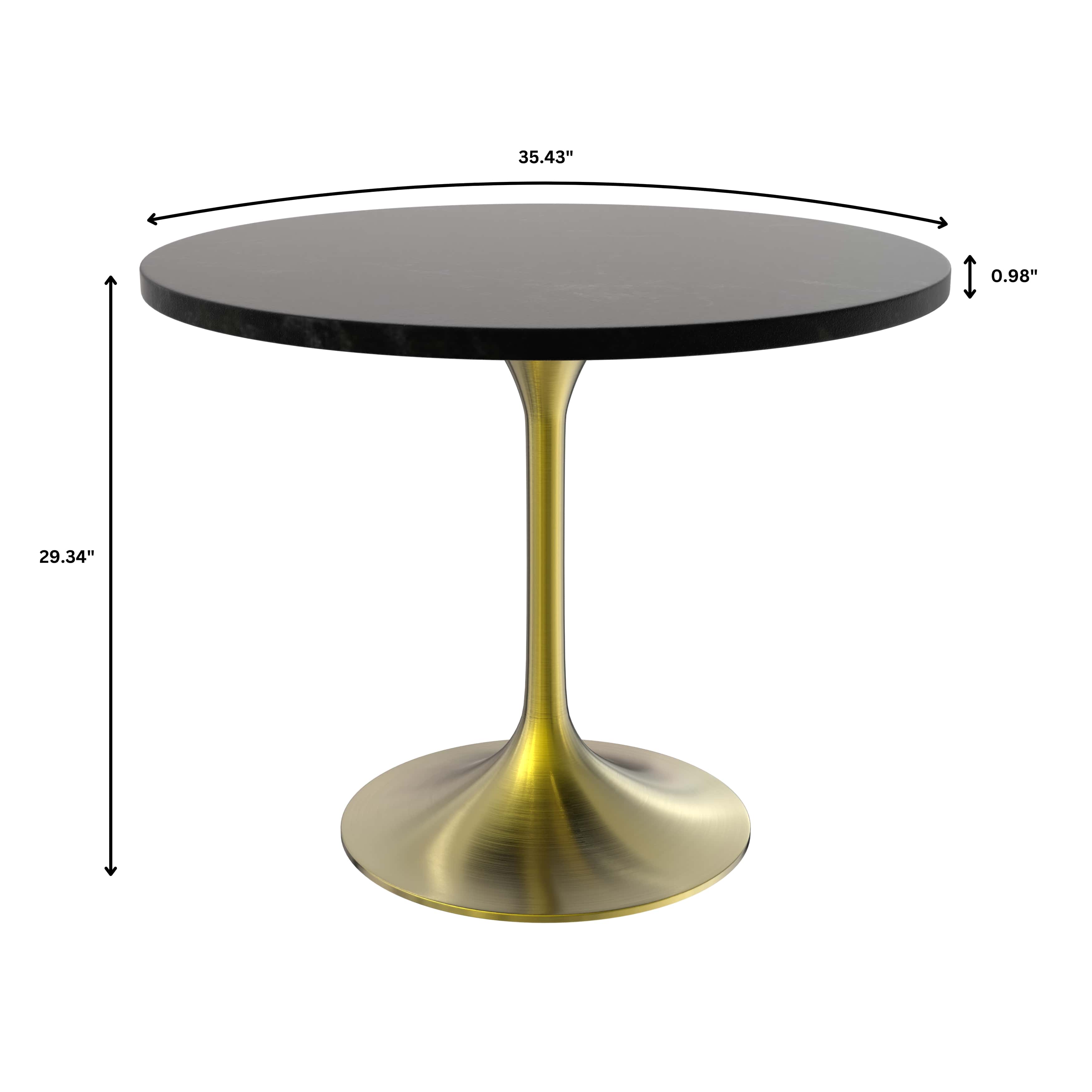 5-Piece Dining Set with 36" Round Dining Table Black MDF Top and Gold Base with 4 Velvet Dining Chairs in White Steel Legs in Black