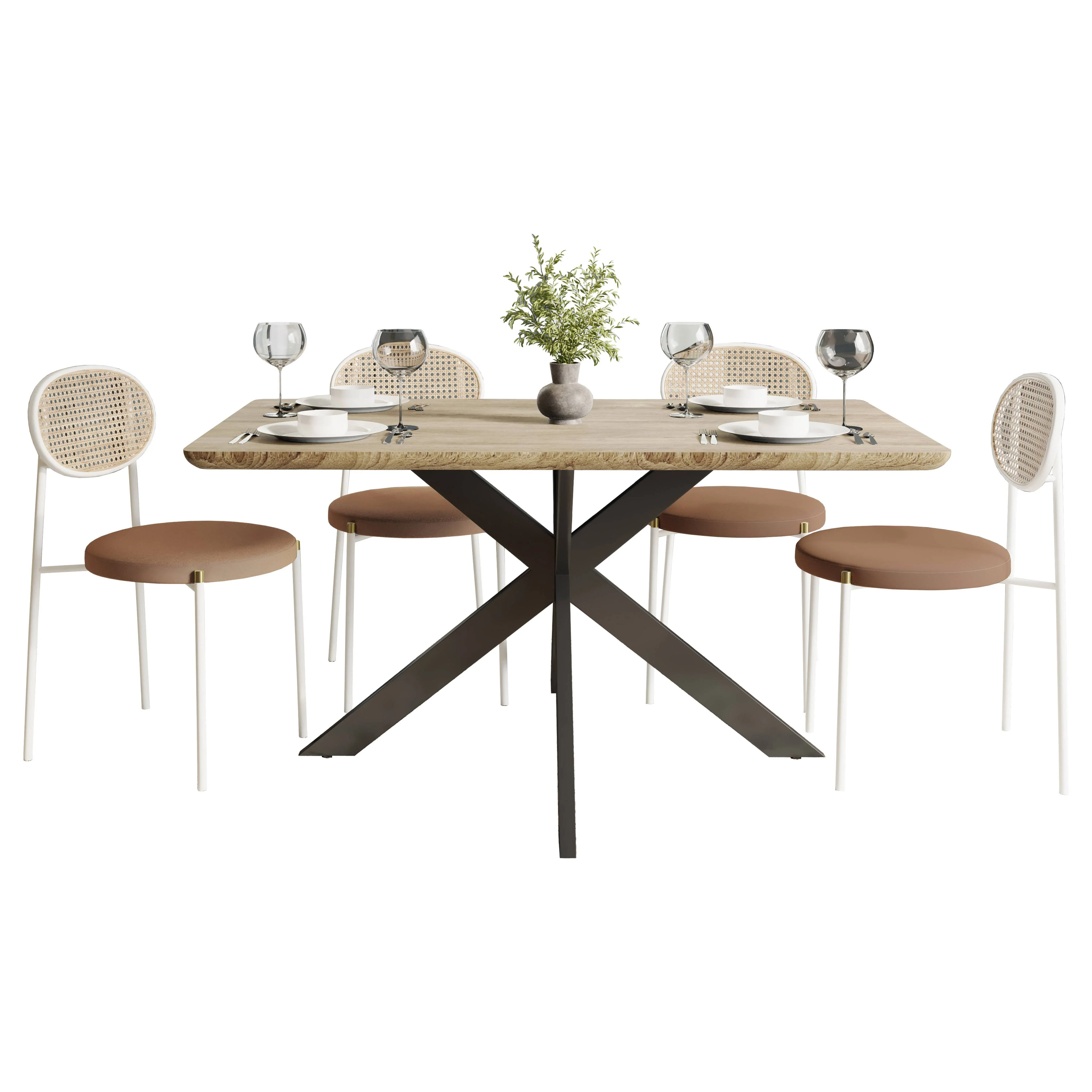 5-Piece Dining Set with 63" Rectangular Dining Table in Maple with 4 Velvet Dining Chairs in White Steel Legs in Brown