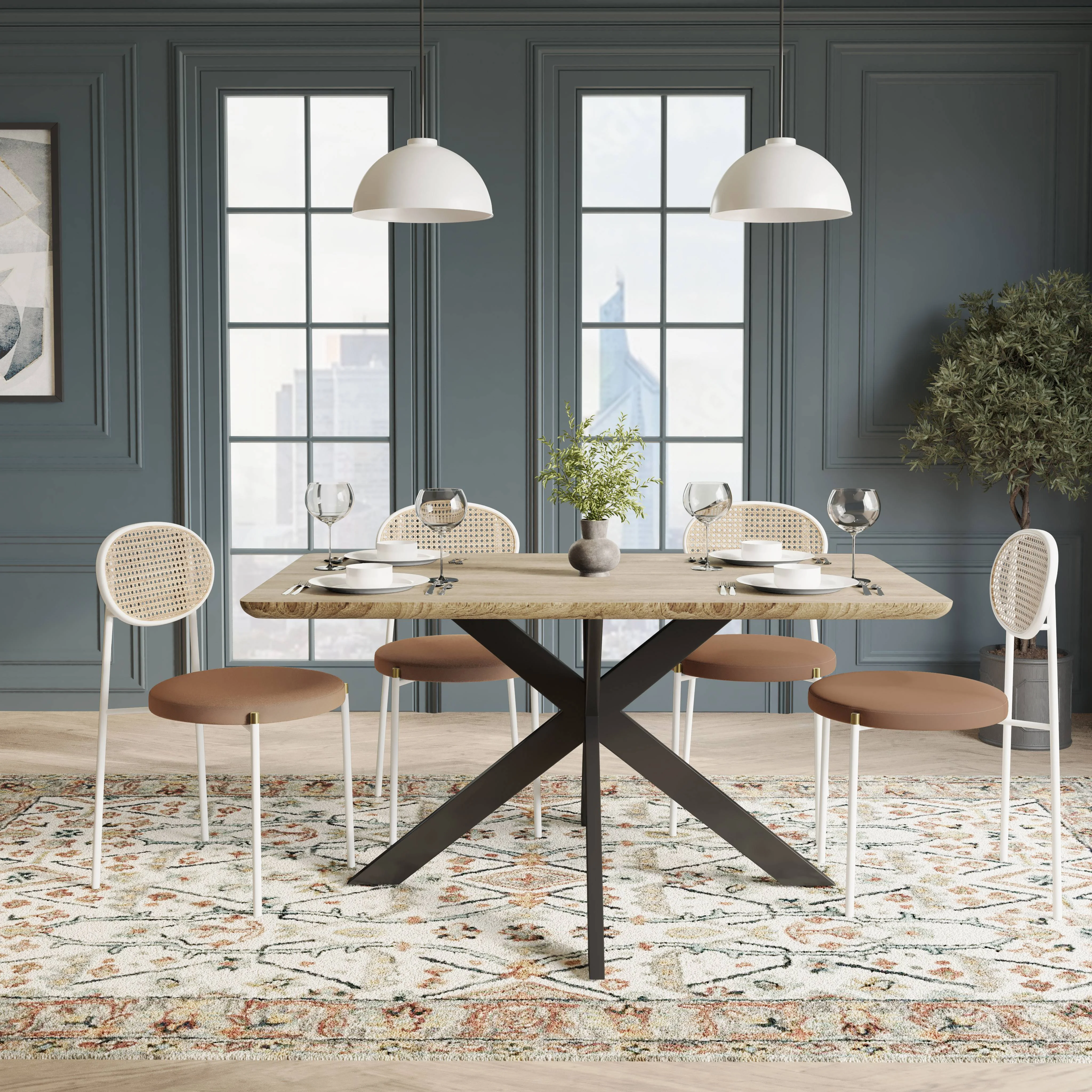 5-Piece Dining Set with 63" Rectangular Dining Table in Maple with 4 Velvet Dining Chairs in White Steel Legs in Brown