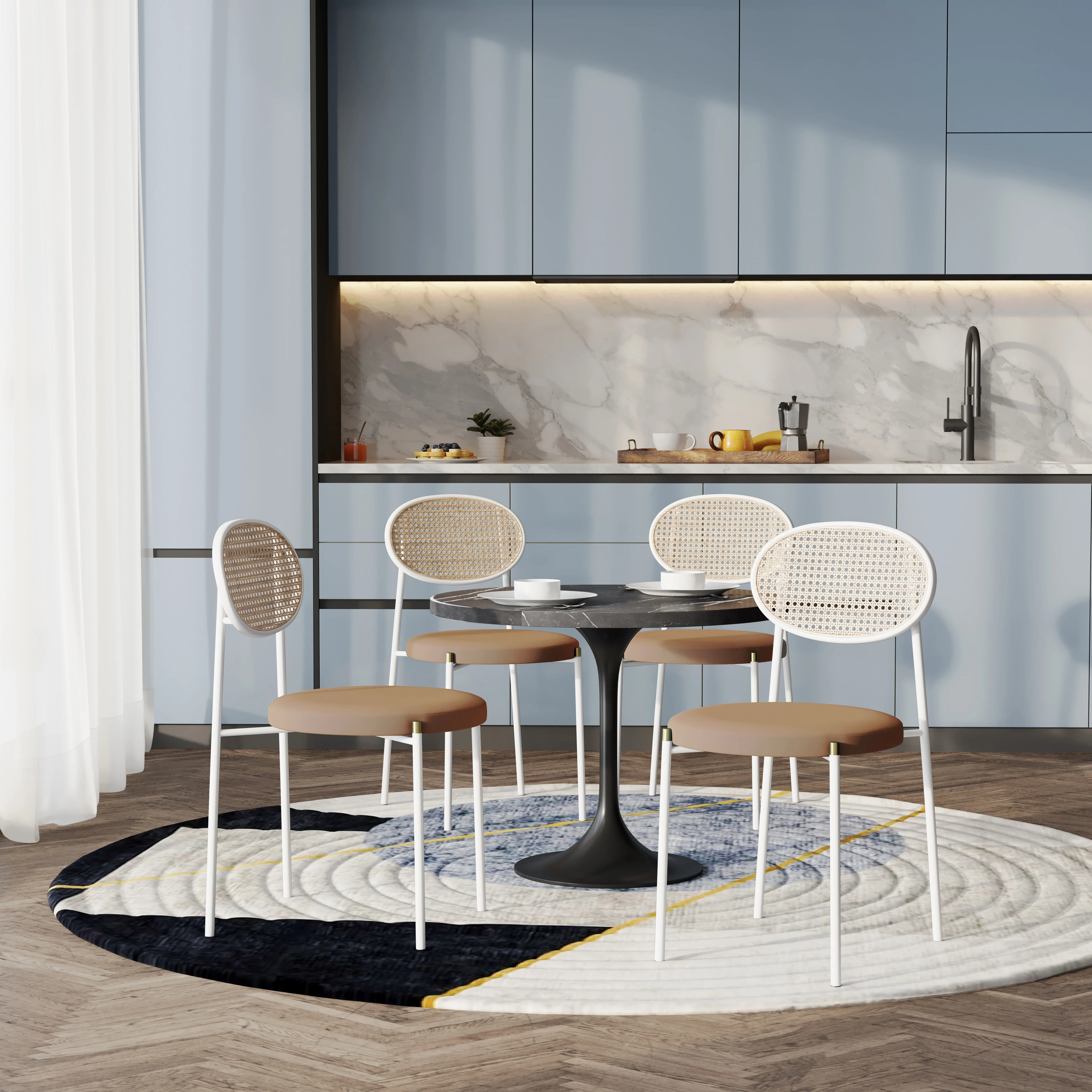 5-Piece Dining Set with 36" Round Dining Table Black Sintered Stone Top and Black Pedestal with 4 Velvet Dining Chairs in White Steel Legs in Brown