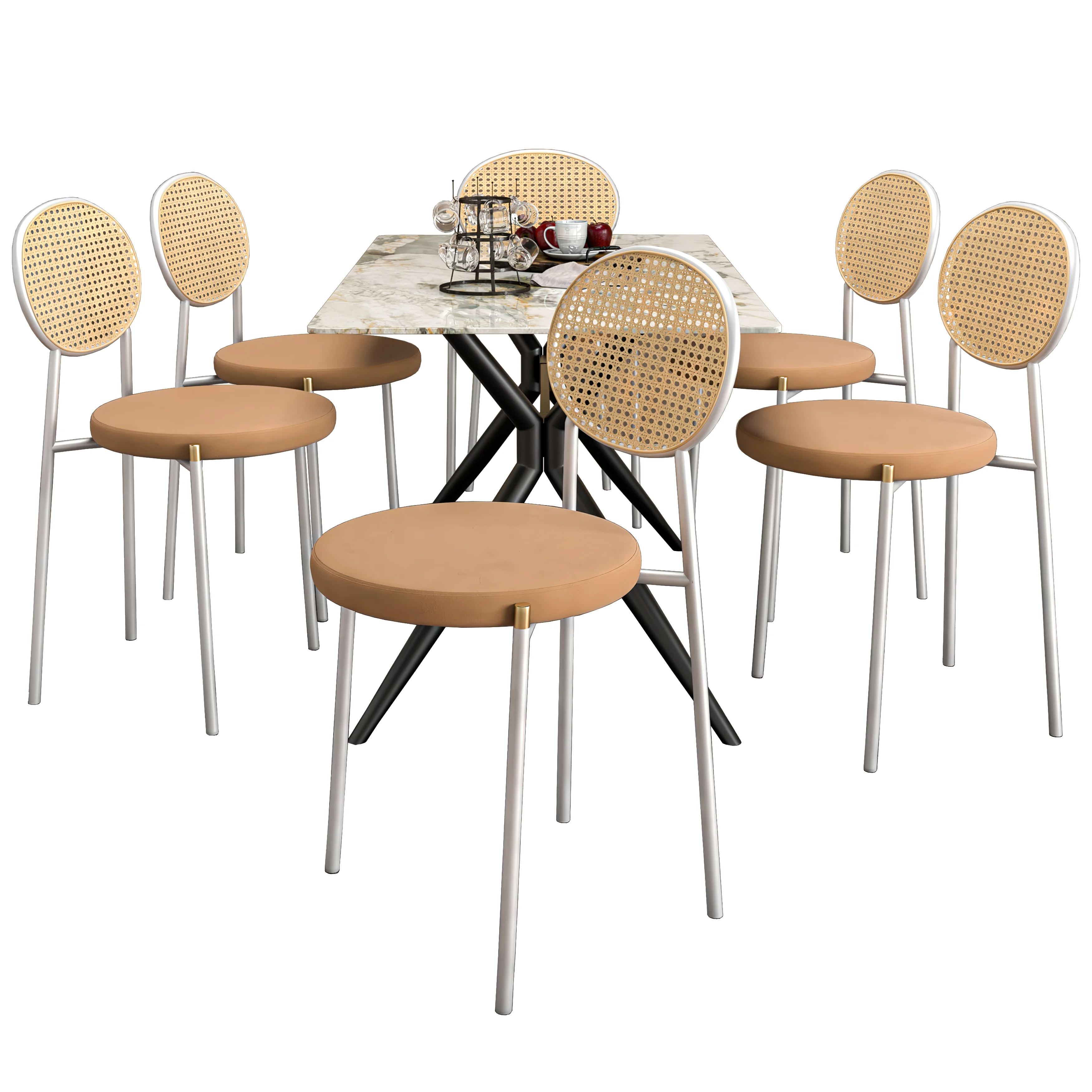 7-Piece Dining Set with Rectangular Sintered Stone Dining Table and 6 Velvet Dining Side Chairs with Wicker Back