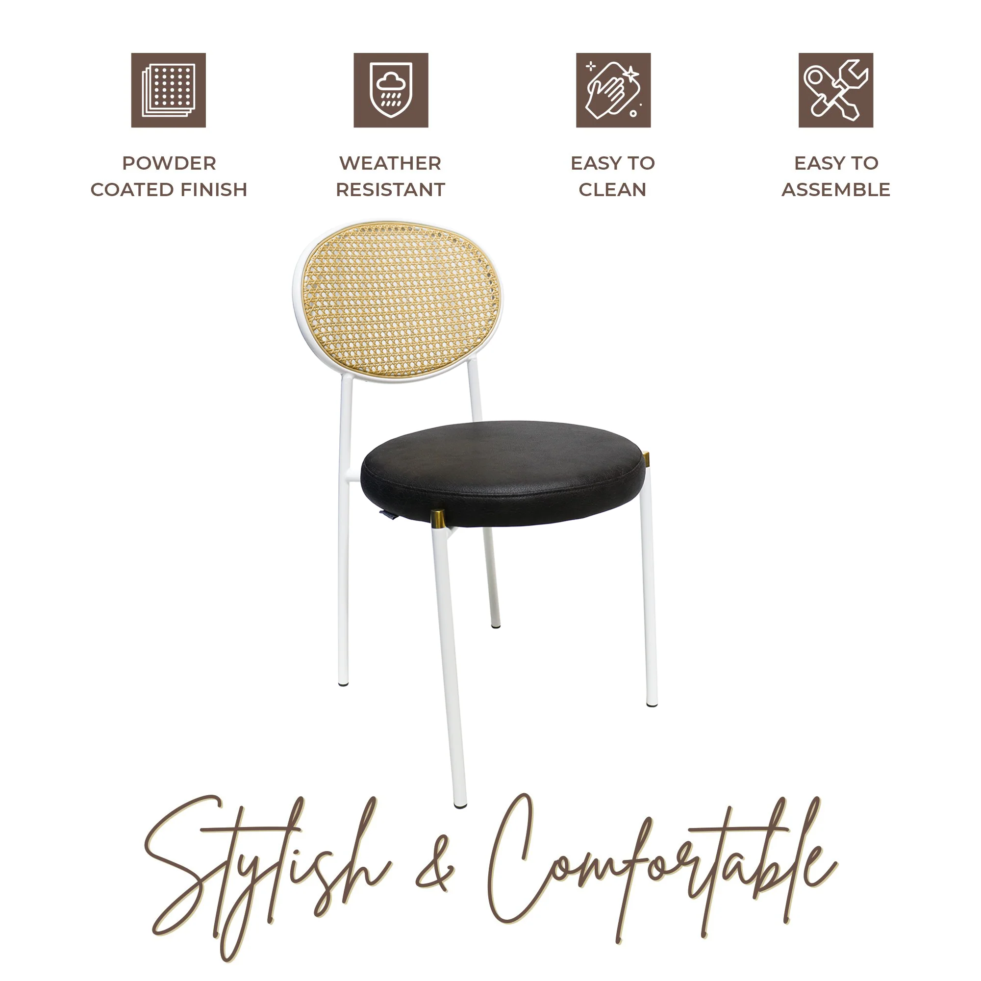 Euston Modern Wicker Dining Chair with White Frame and Leather Seat in Charcoal