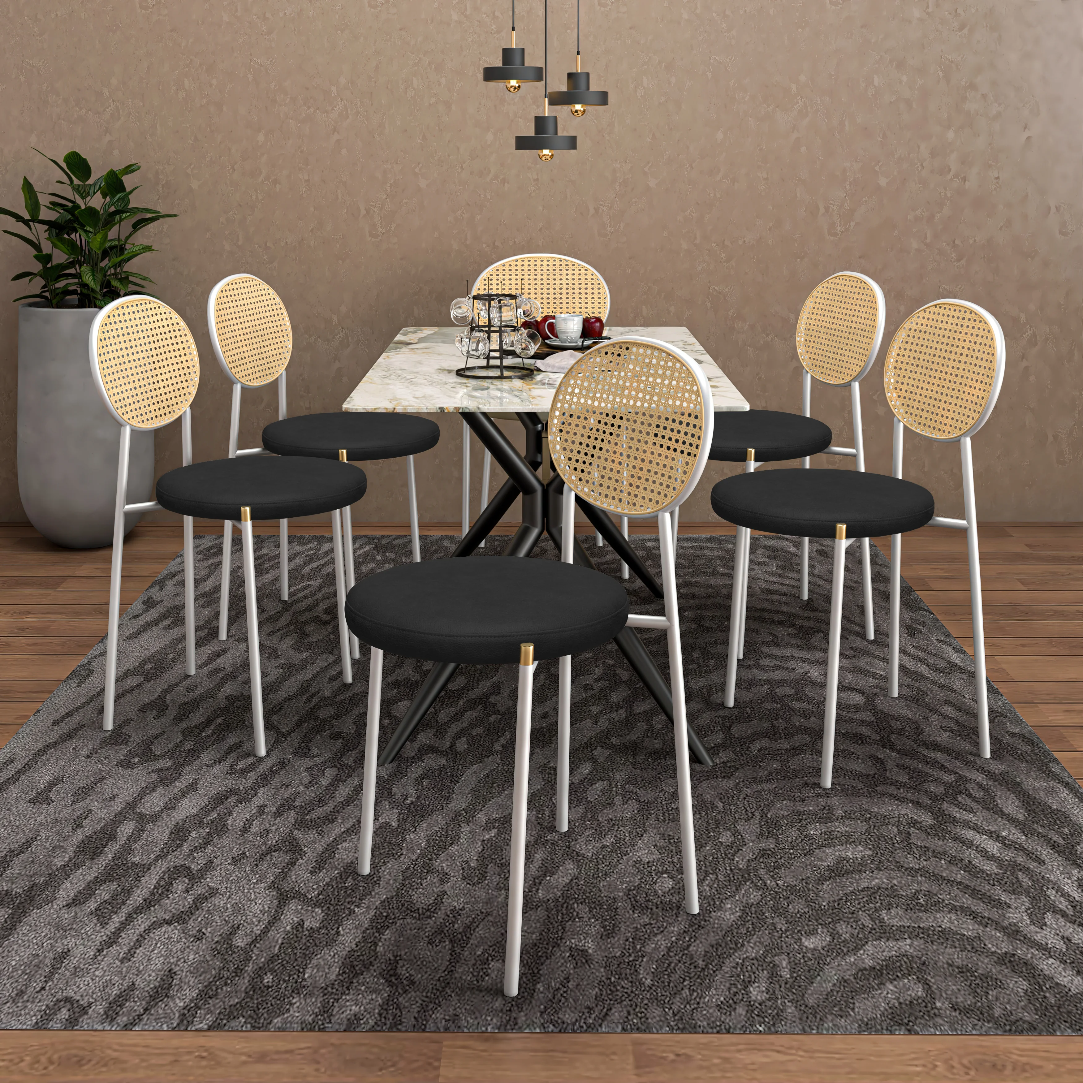 Euston Modern Wicker Dining Chair with White Frame and Leather Seat in Charcoal