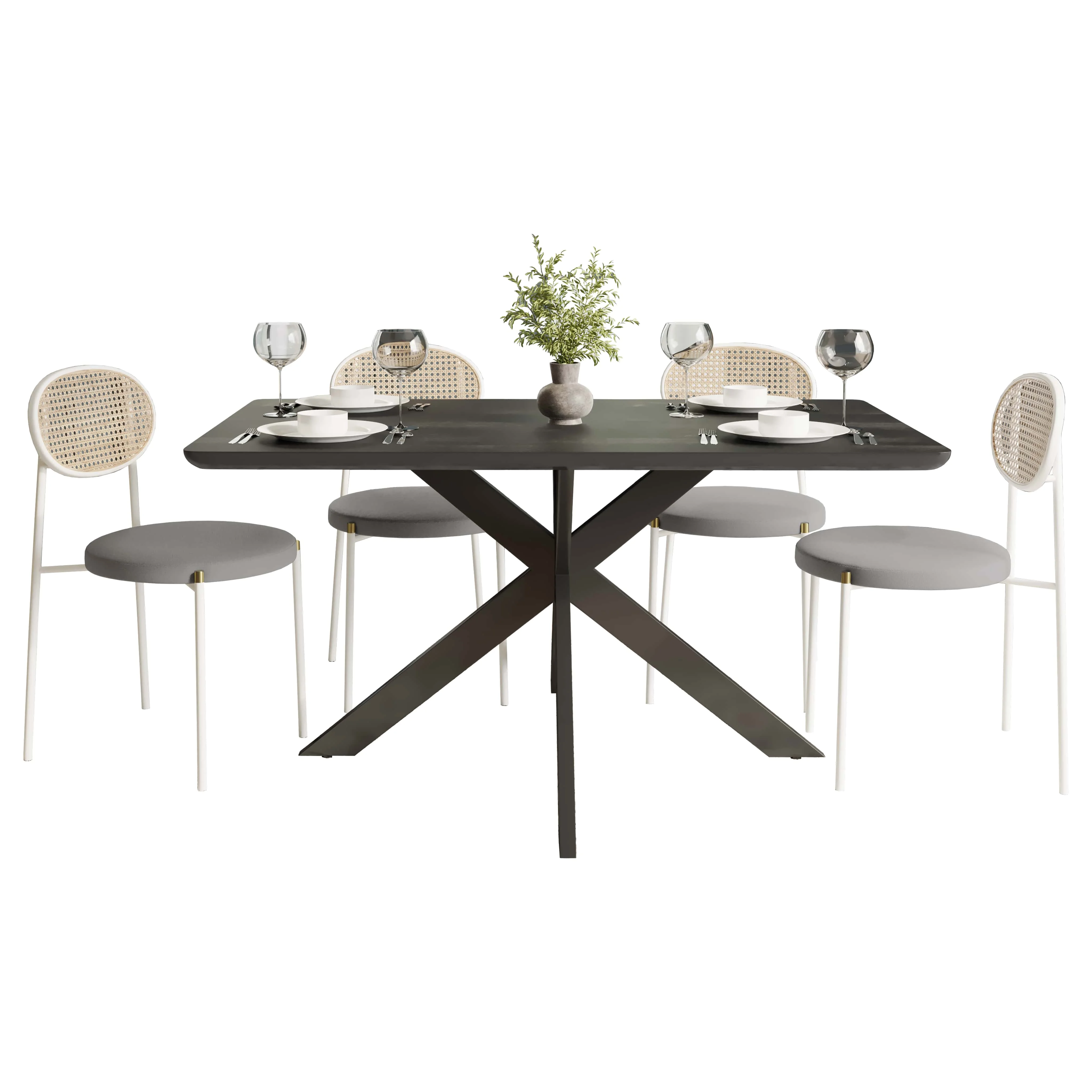5-Piece Dining Set with 63" Rectangular Dining Table in Ebony with 4 Velvet Dining Chairs in White Steel Legs in Grey