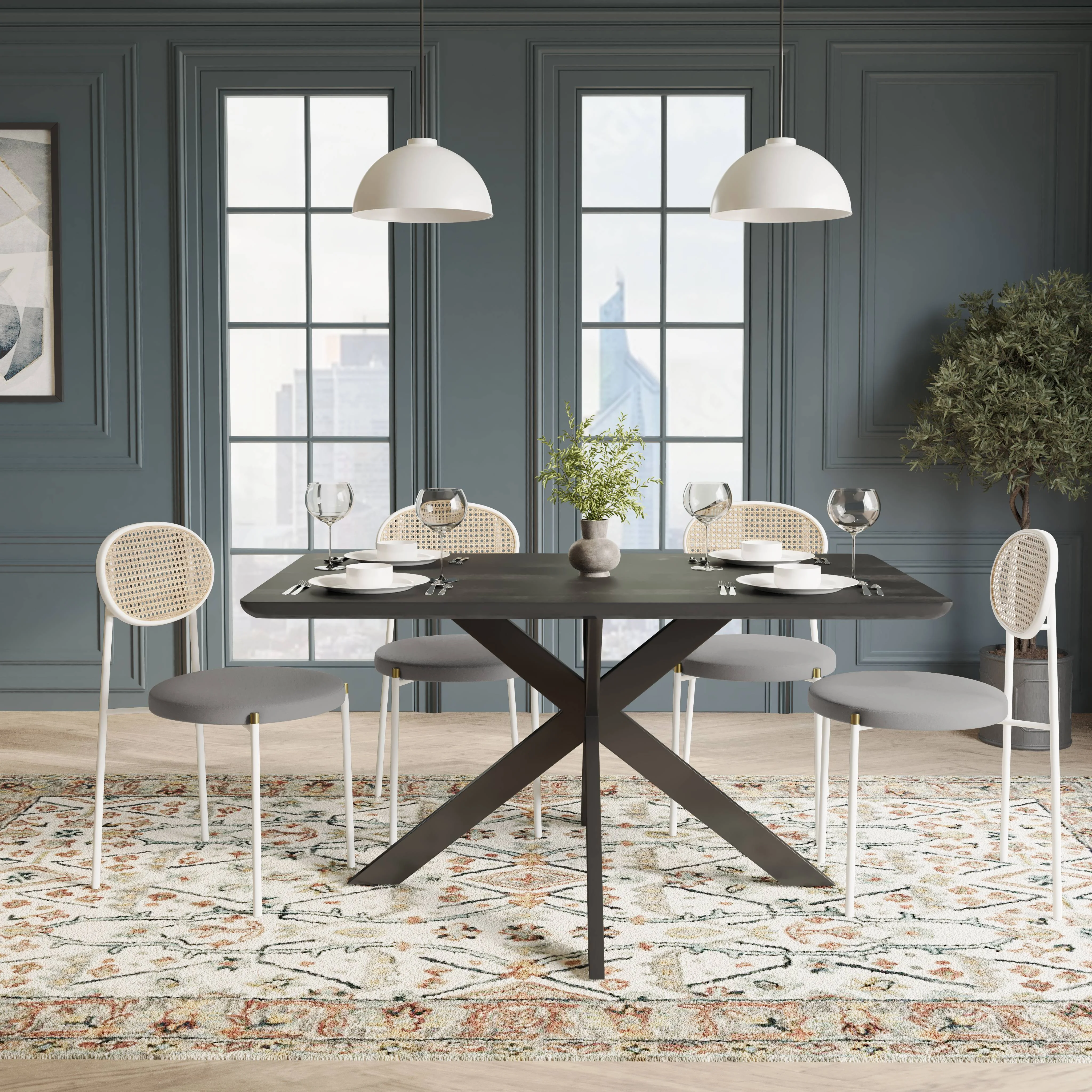 5-Piece Dining Set with 63" Rectangular Dining Table in Ebony with 4 Velvet Dining Chairs in White Steel Legs in Grey