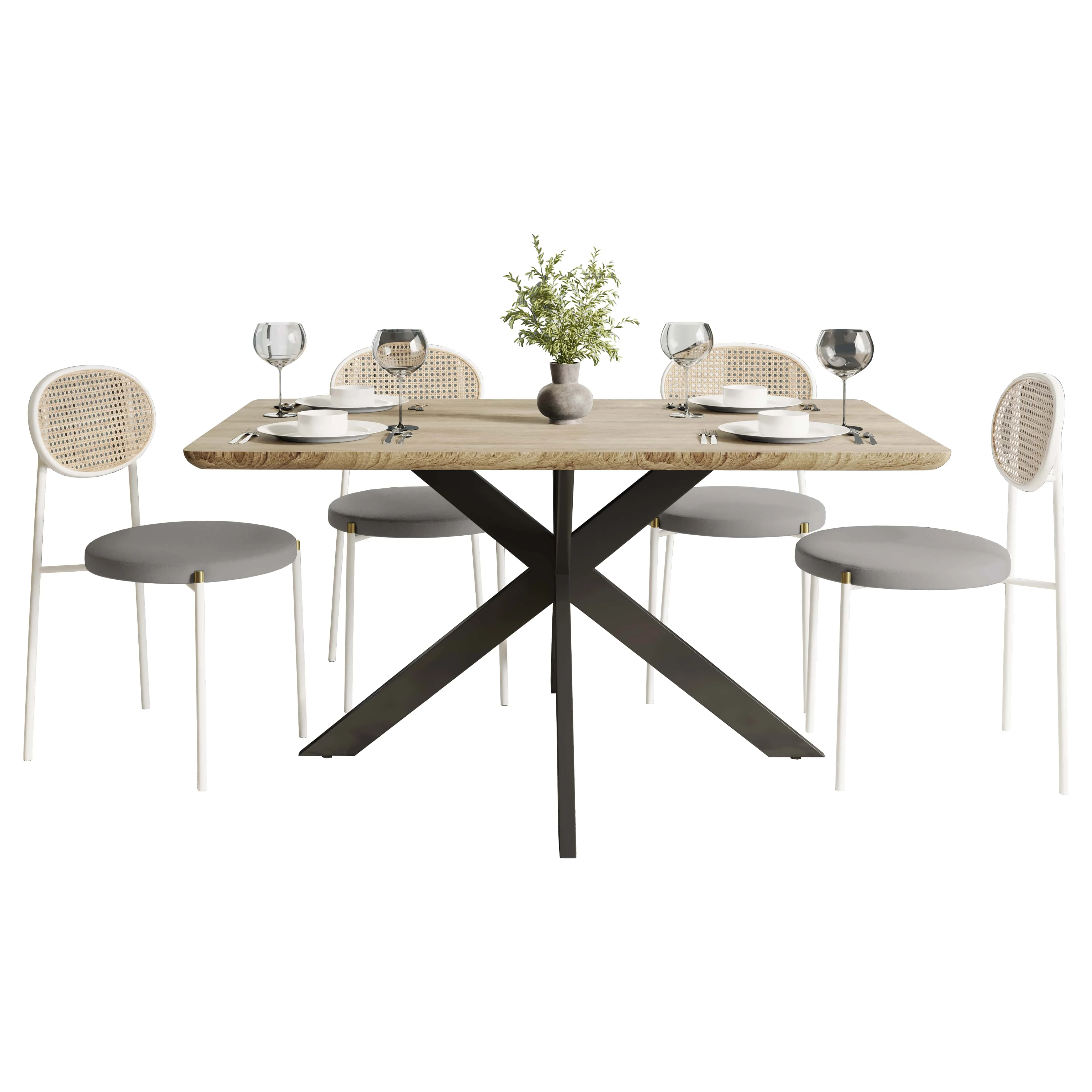 5-Piece Dining Set with 63" Rectangular Dining Table in Maple with 4 Velvet Dining Chairs in White Steel Legs in Grey