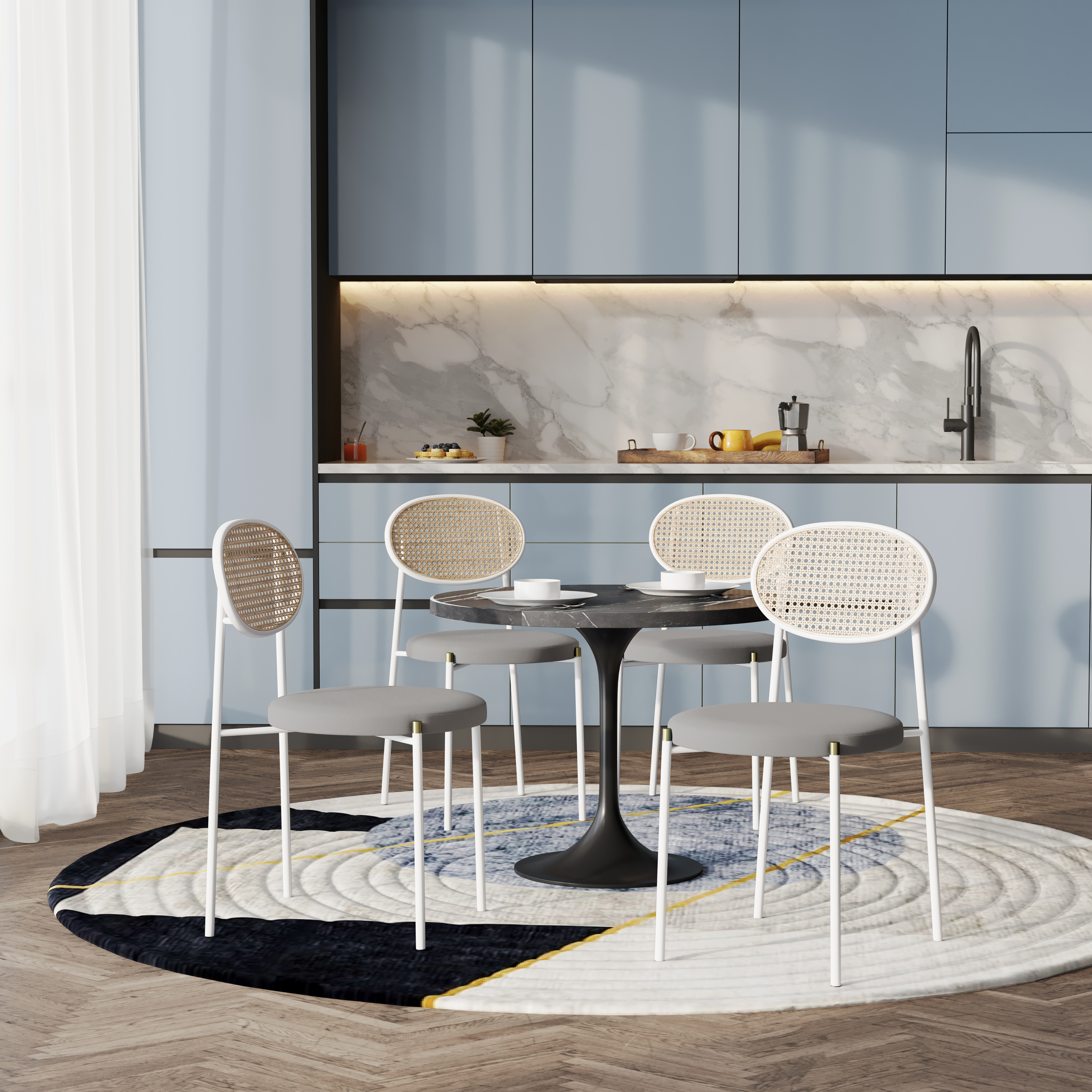5-Piece Dining Set with 36" Round Dining Table Black Sintered Stone Top and Black Pedestal with 4 Velvet Dining Chairs in White Steel Legs in Grey
